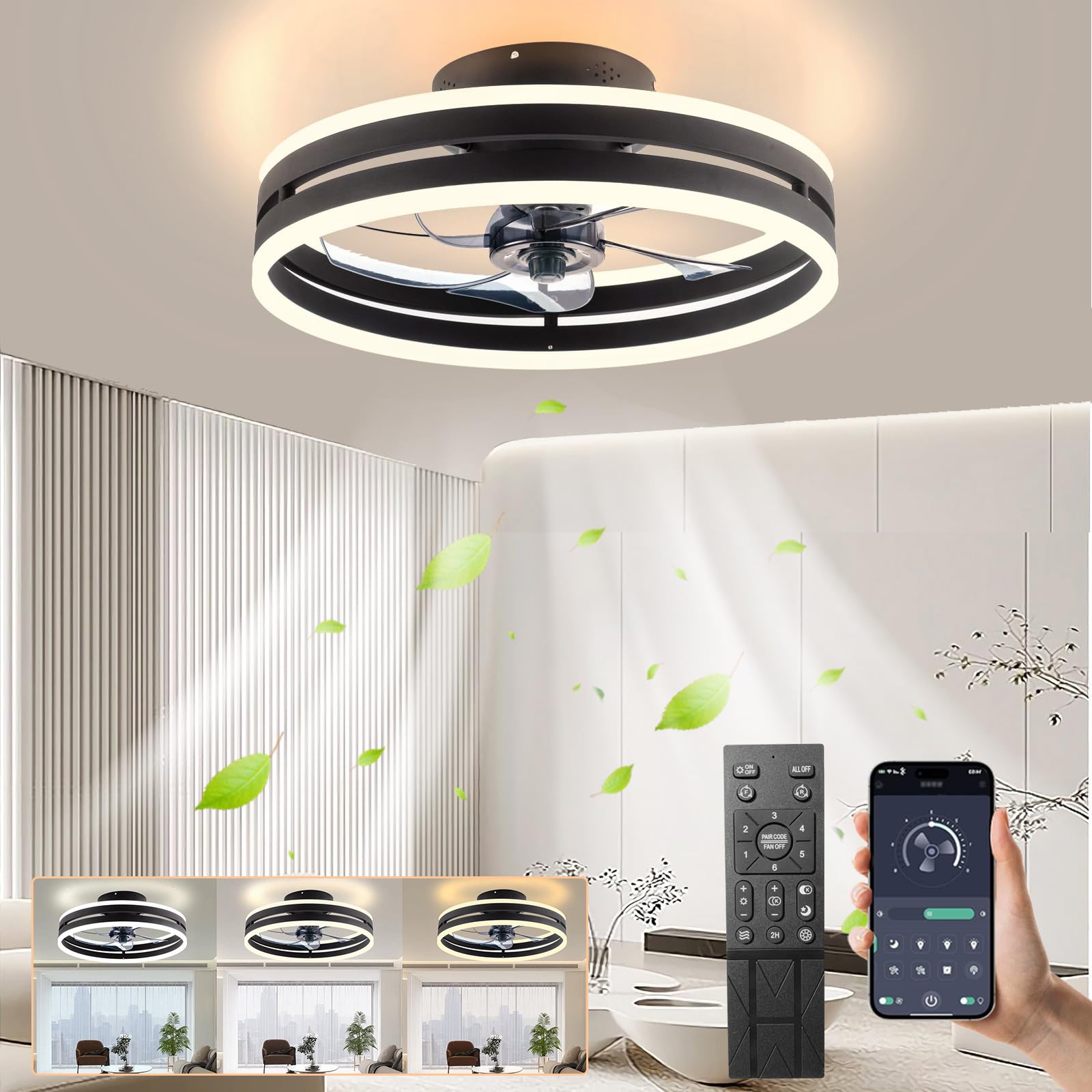 Ventilateur de plafond avec lumières et télécommande Silencieux 6 vitesses Plafonnier LED 50W pour salon ou chambre à coucher Noir - Bricolage