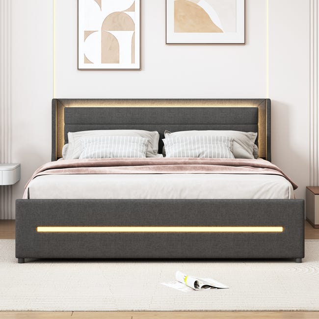 Letto Matrimoniale Imbottito 160x200 Cm Con LED E 4 Cassetti - Grigio Lino, Testata Regolabile - Foto 7