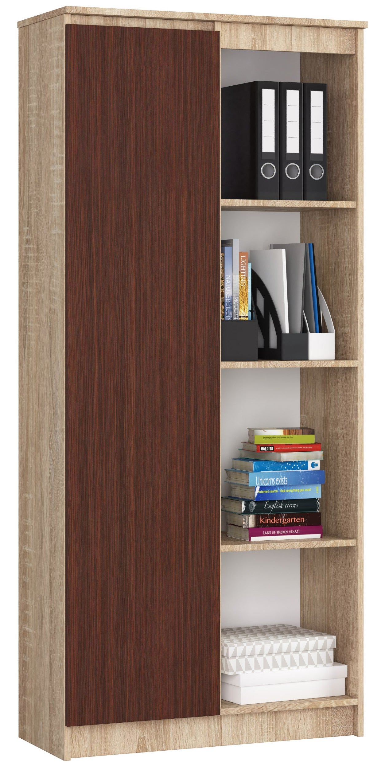 Regał AKORD R80 Dąb Sonoma 80 cm 1 drzwi kolor Wenge mat 8 półek 80x35x180 cm