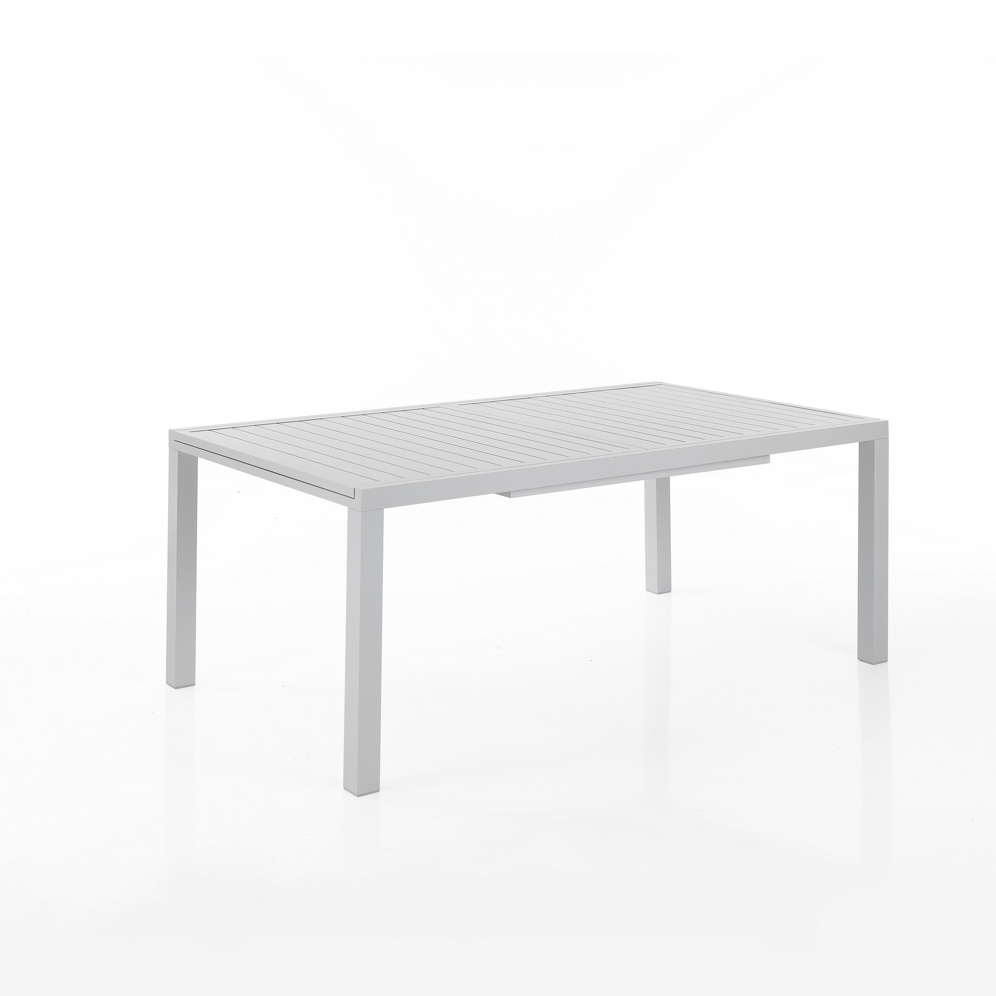 Stół rozkładany NYDRI WHITE – B – matowe białe aluminium, blat z listew aluminiowych, wys. 75 szer. 177/gł. 266, do stosowania na zewnątrz