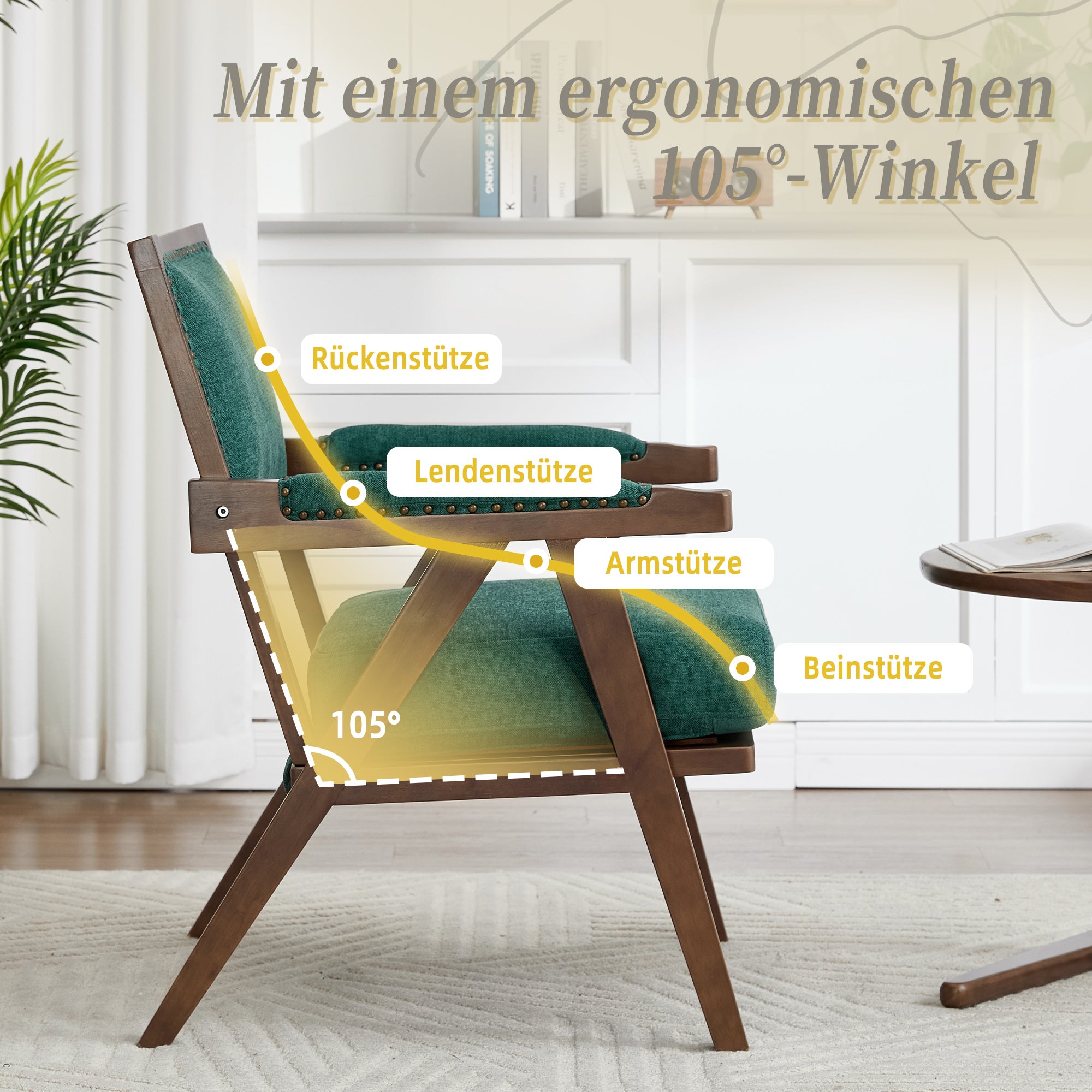 Fauteuil lounge moderne (tissu) : 1-place avec accoudoirs, structure bois, méridienne rembourrée. Salon/chambre/bureau/séjour. - 4