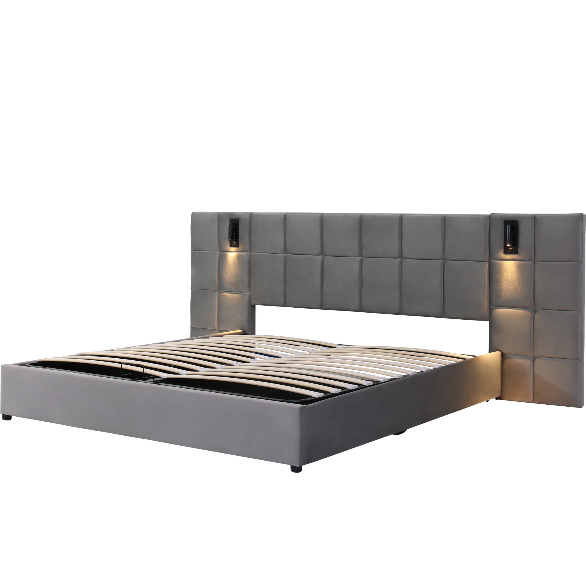 Lit hydraulique 180*200 cm, avec lampe et chargeur USB, tête de lit large, sans tête de lit, velours, gris - 6