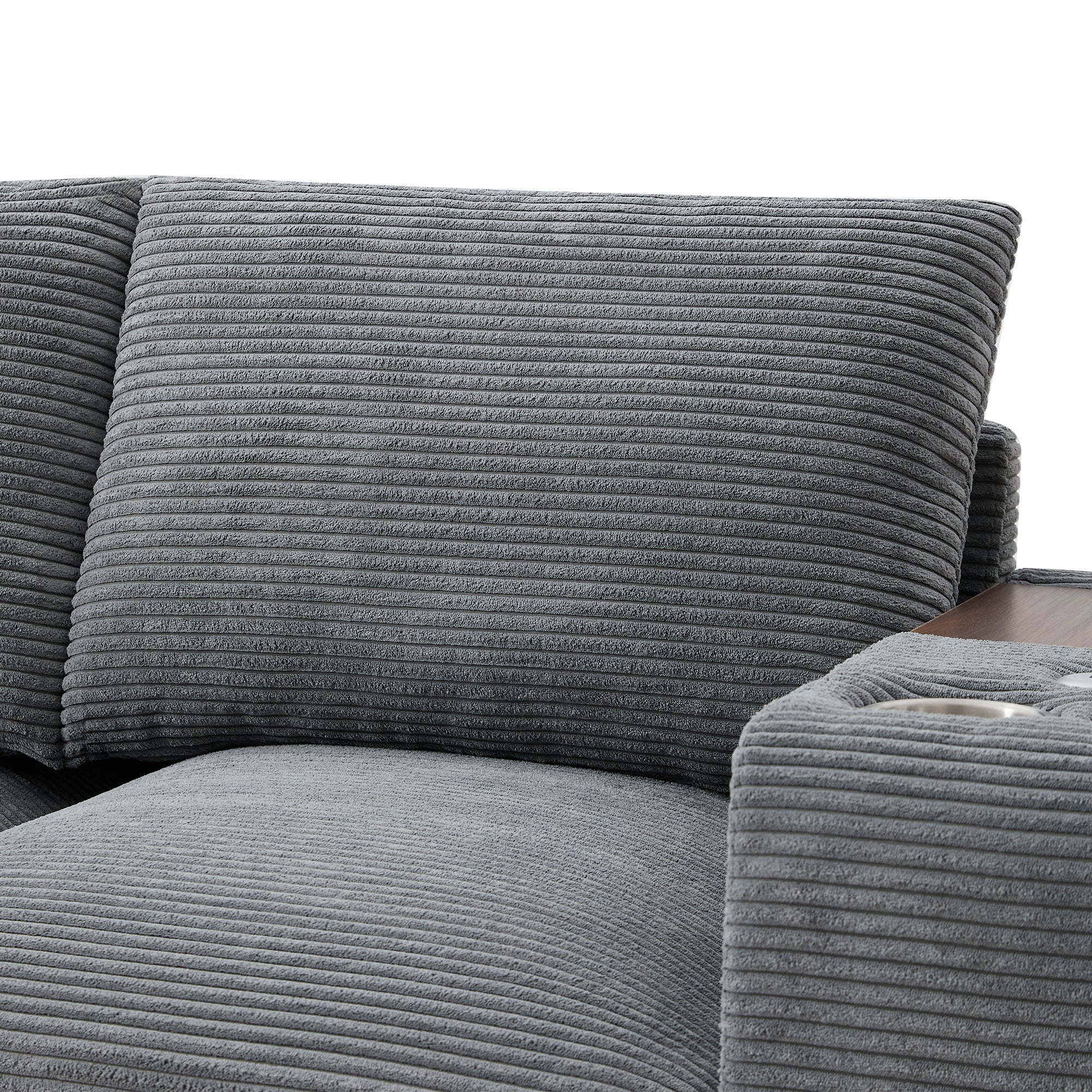 Canapé moderne - avec console - 2 porte-gobelets - port de chargement USB - poches de rangement sur les accoudoirs - avec coussins - gris - 9