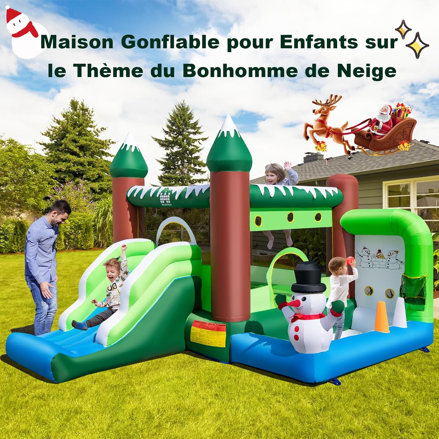 Castello Gonfiabile con Pupazzo di Neve, Gioco Gonfiabile per Bambini con Scivolo, Piscina di Palline, Basket, Gonfiabile con Pupazzo di Neve - 5