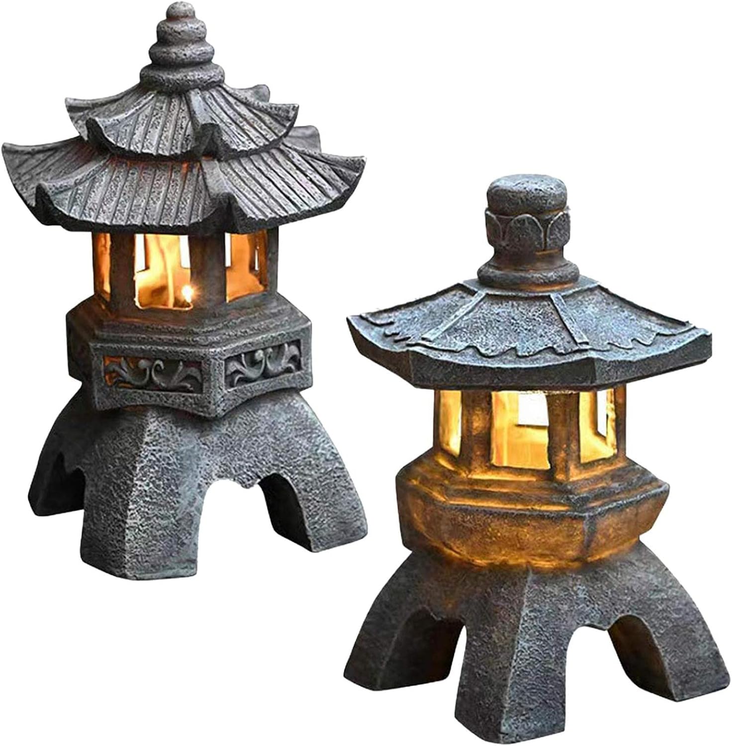 Décoration de Jardin, Statue de Jardin Pagode, Style Japonais, Résine Résistante aux UV, Lanterne Solaire, Gris - 7
