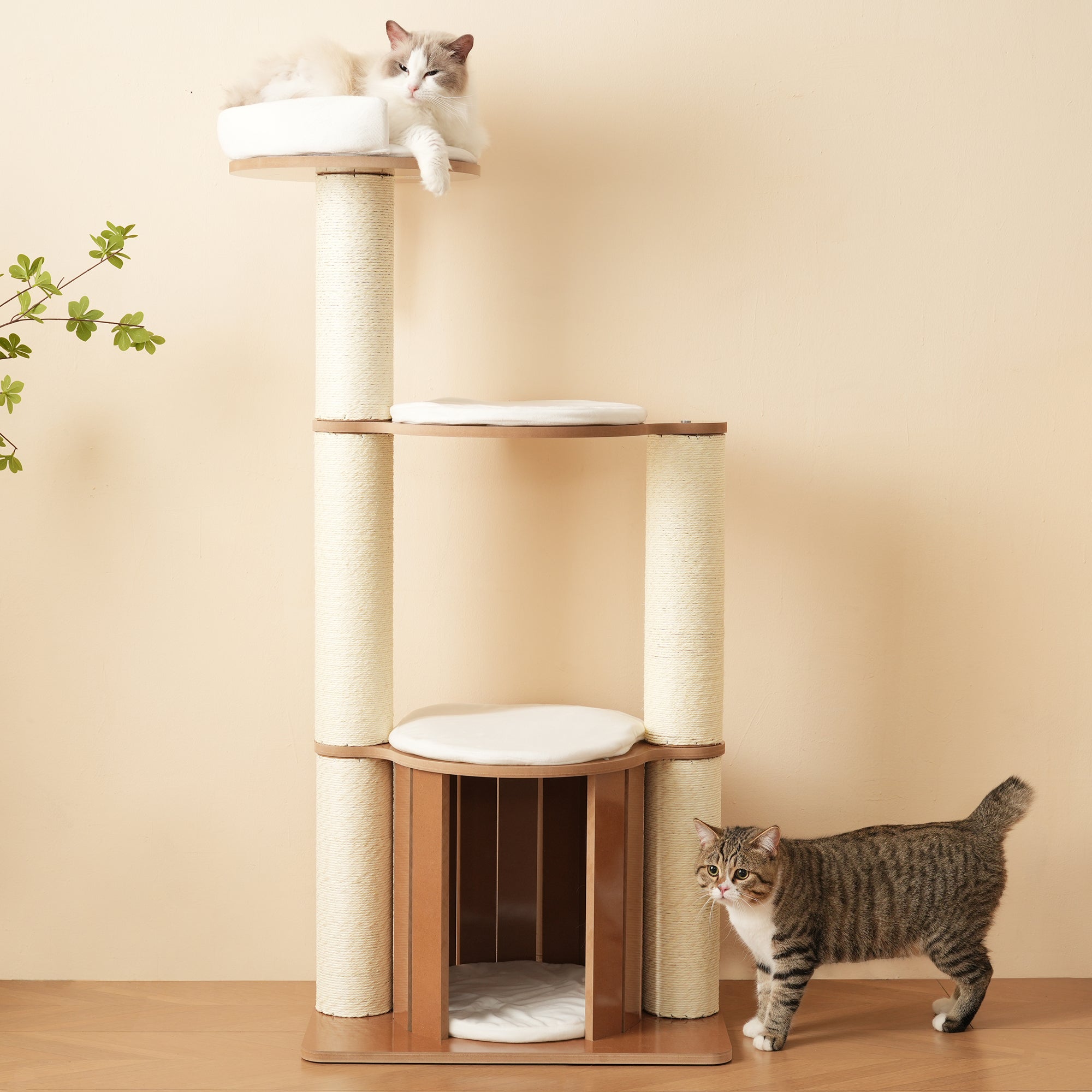 Arbre à chat avec 3 plateformes, 1 niche et coussins - 60 x 48 x 135 cm - Cadre en MDF - Marron - 8