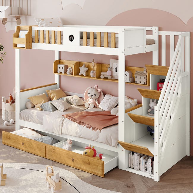 Letto a castello con scala contenitore 90x200 cm armadietti