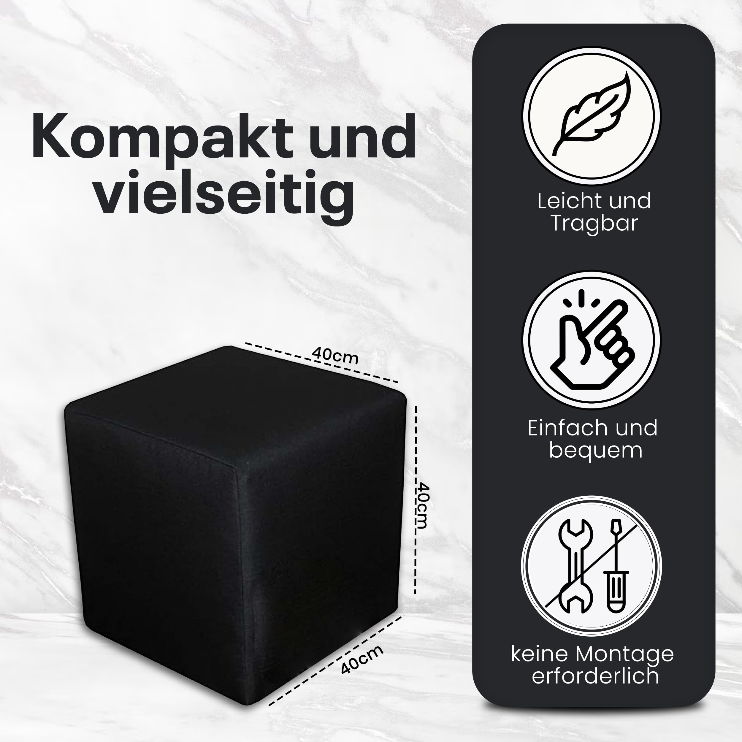 Sitzwürfel / Siège Pouf - Noir, 40X40X40 Cm, Assise Rembourrée, Confortable Pour Salon, Chambre Ou Bureau - 3