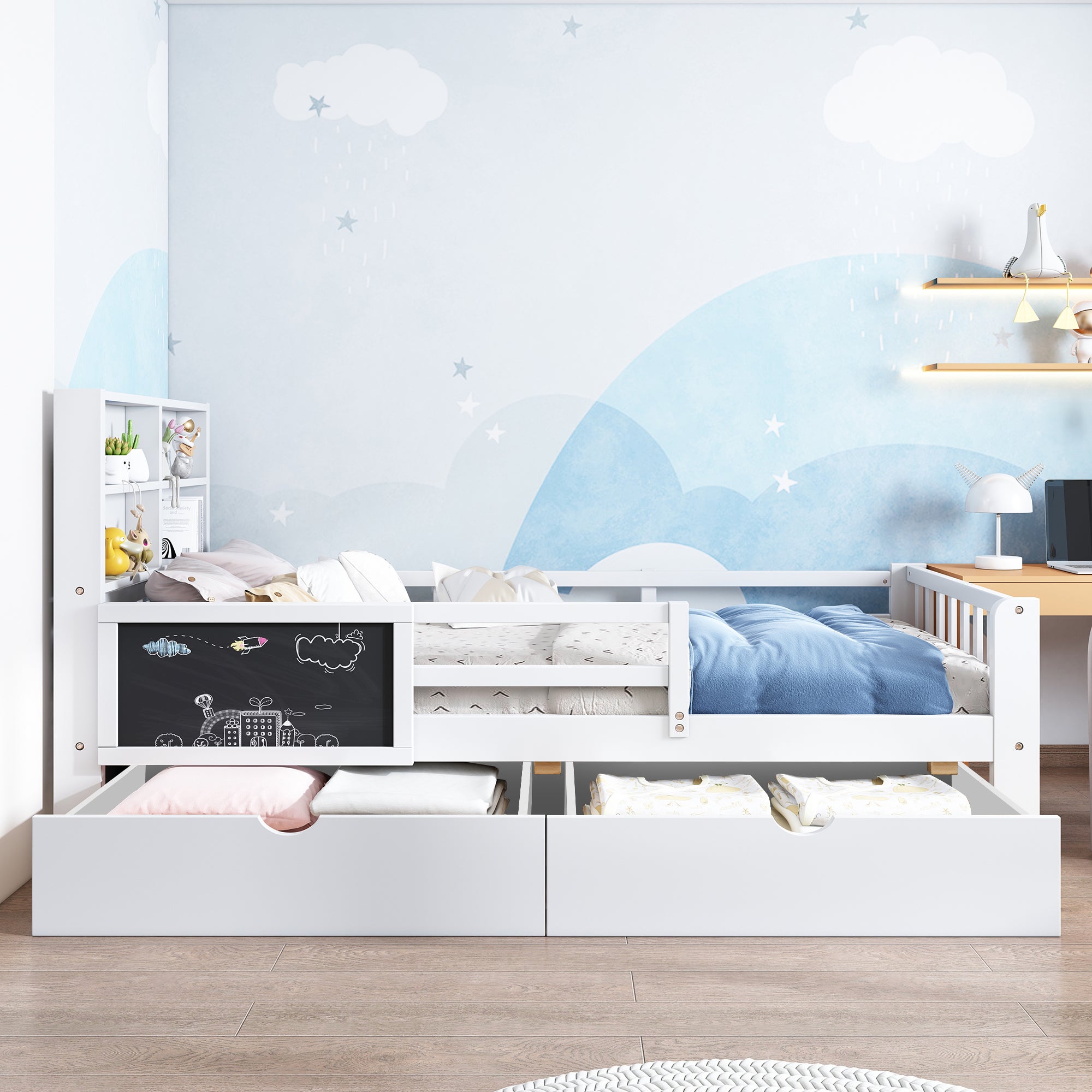 Łóżko dziecięce 90 x 200 cm z zagłówkiem i barierkami - 2 szuflady i półki - Drewno lite + MDF - Kolor biały (materac nie jest wliczony w cenę) - 2