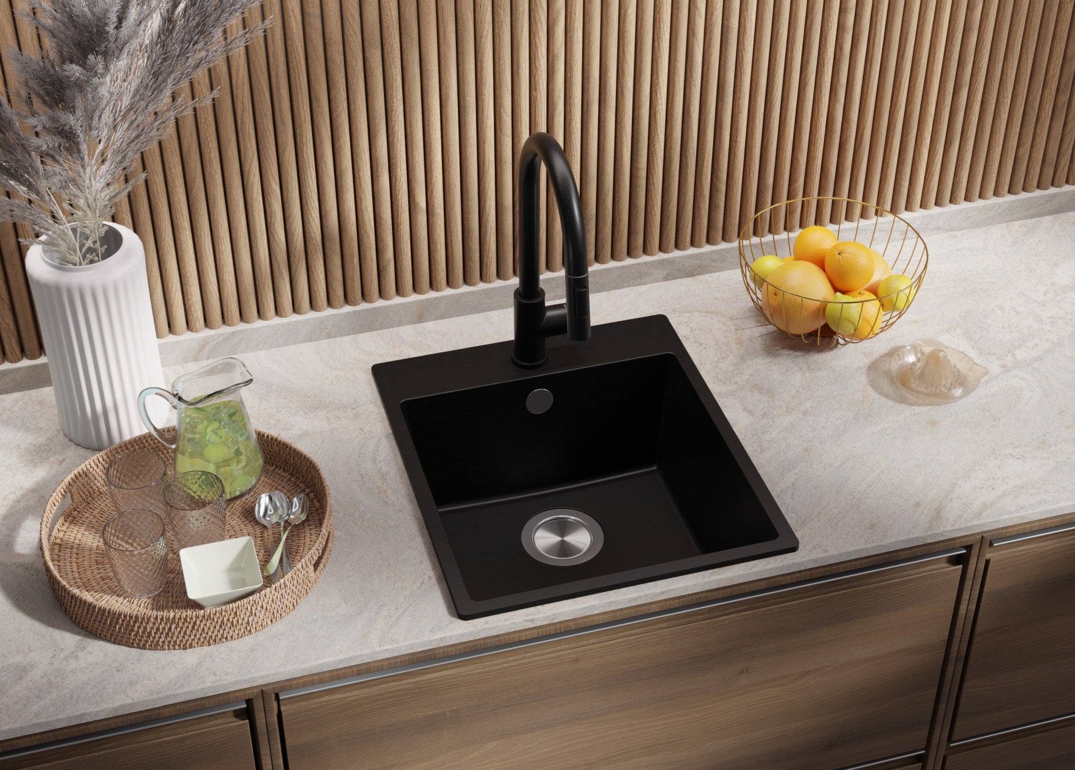 Lavandino da Cucina Nero 43x50cm, Lavello in Granito a 1 vasca + Sifone Classico + Accessori, Lavabo da Cucina Incasso al mobile 45cm PRIMAGRAN - 2