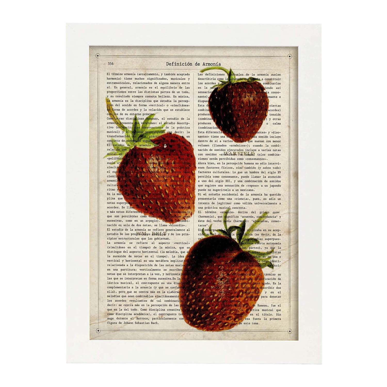 Poster de fresones. láminas de frutas y verduras con definiciones. ilustraciones de alimentacion vegetariana. marco negro - a3