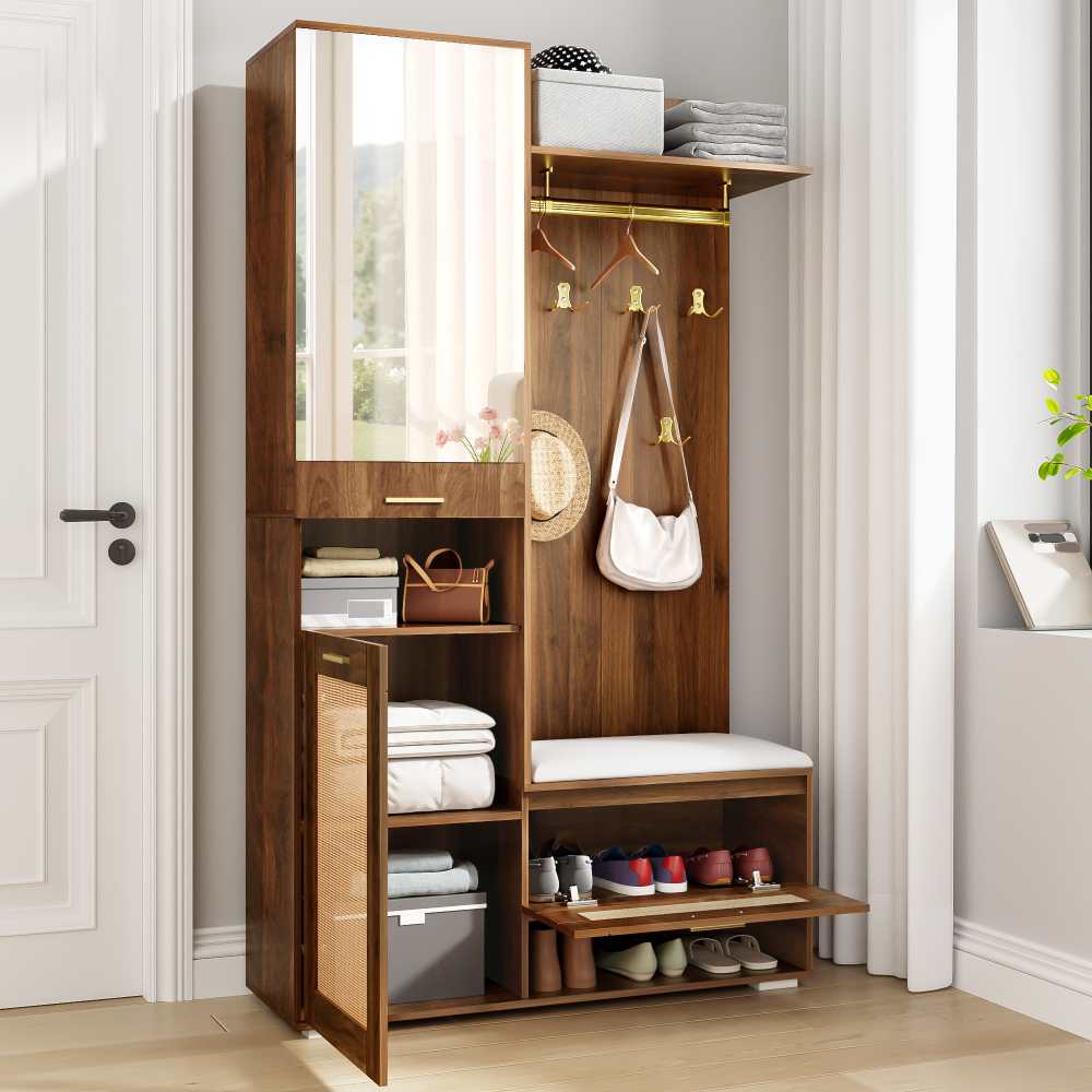 Set di Armadio con Specchio, Illuminazione LED a 16 Colori, 6 Ganci Dorati, Scarpiera e Panchina, Design Moderno per Entrata - 8