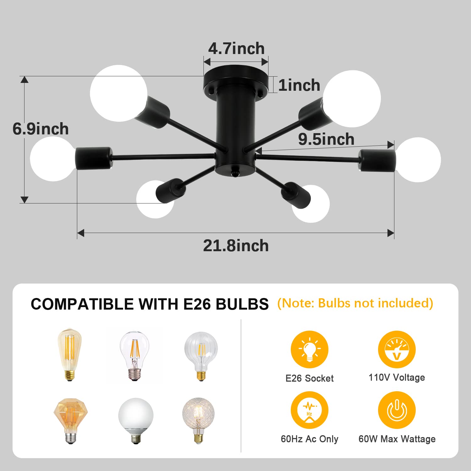 Półwpuszczana lampa sufitowa,sufitowa z 6 głowicami, nowoczesny żyrandol satelitarny, oprawa z połowy XX wieku,kolorzłoty (żarówka nie jest dołączona) - 3