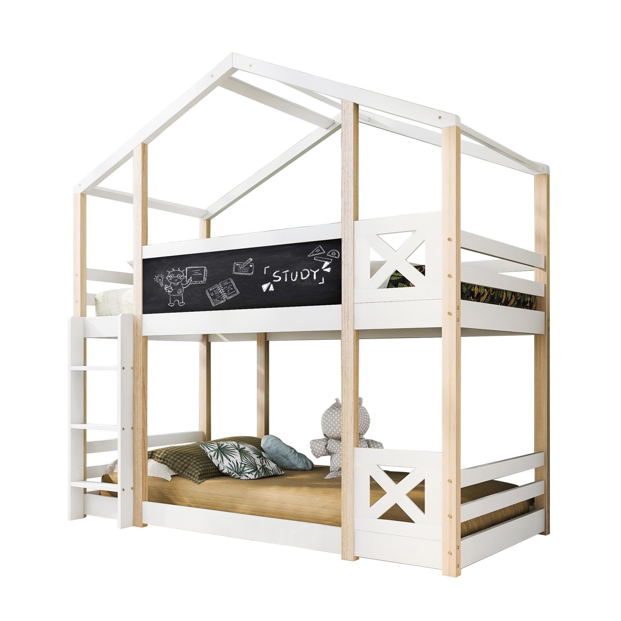 Lit superposé cabane en pin massif avec barrières anti-chutes + échelle + tableau noir - 90x200cm - Naturel & Blanc - 6