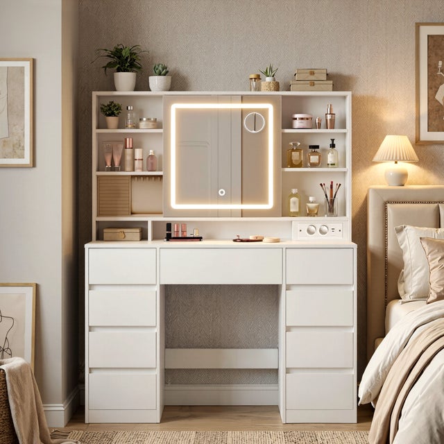 Petite Coiffeuse Ancienne Avec Miroir Biseauté Et 4 Tiroirs - Meuble Coffre Bijoux