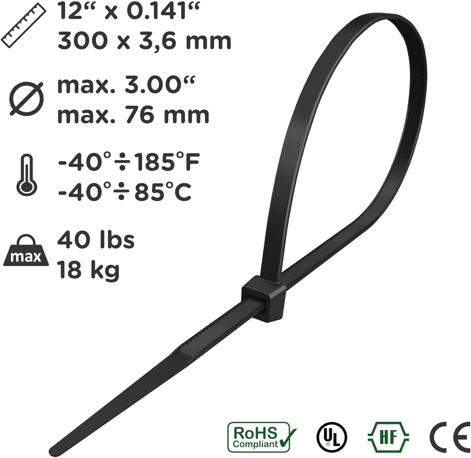 Collier de Serrage 300 mm x 3,6 mm, Attache Câble, Serre Câbles Rilsan Nylon, Colliers Serre-Cable 300mm, Noir, Lot de 100 Pièces - 2
