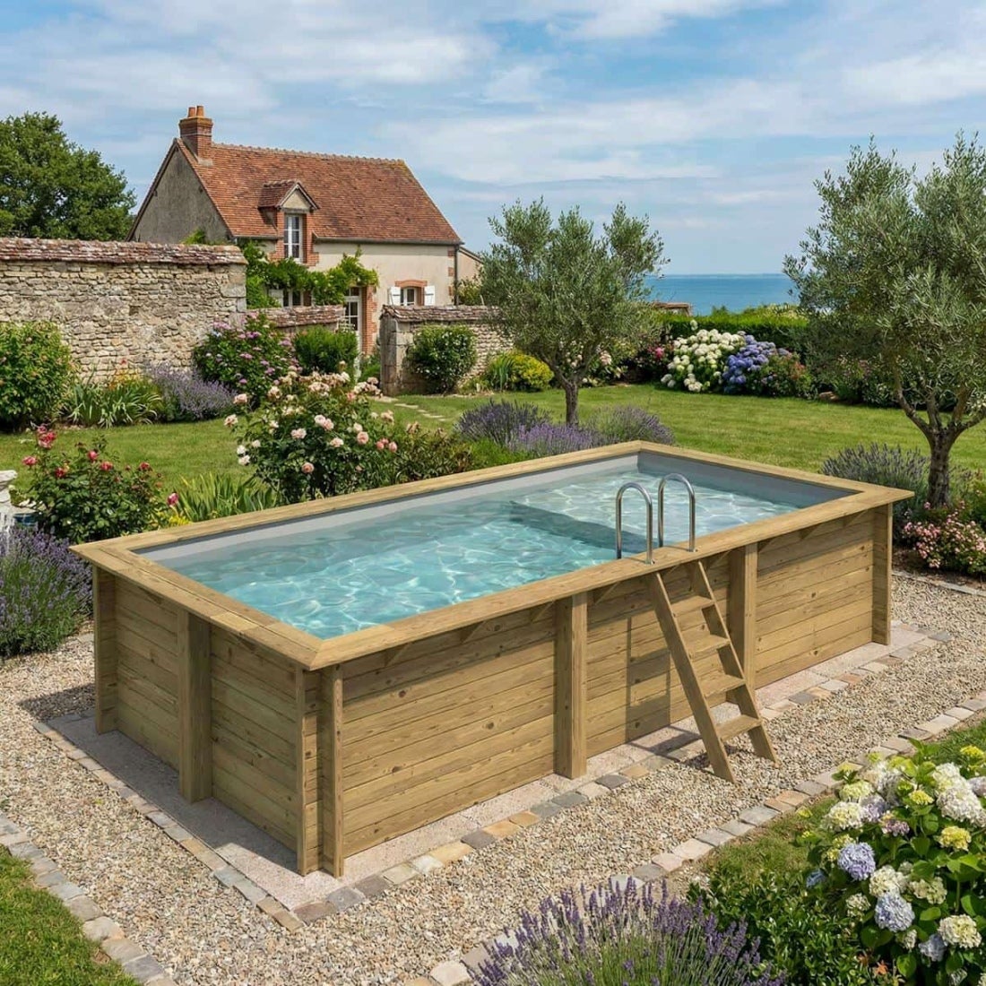 Piscină supraterană din lemn AQUA 6,1 x 2,85 – H. 1,31 m, cu terasă, gri deschis, cadru metalic – fără placă de bază – BAS7307OSPU2+PLA307