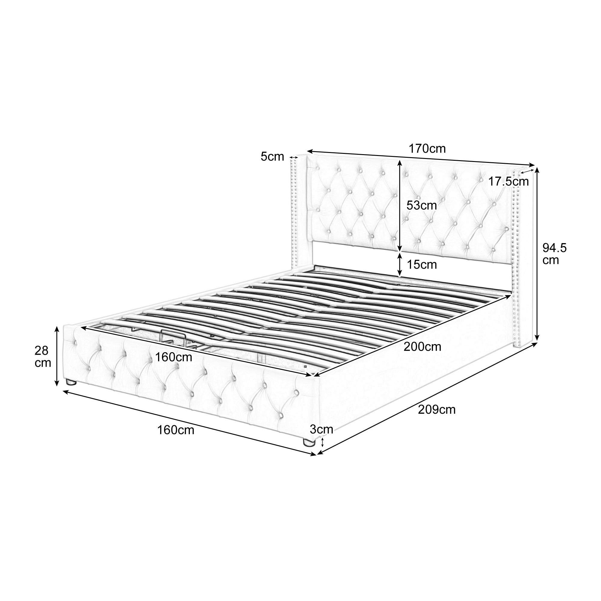 Cama de arrumação 160 x 200 cm, cama de casal estofada em veludo, decoração com rebites e botões, base de ripas, estilo Chesterfield, bege - 4