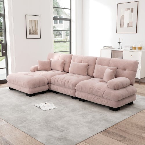 Canapé d'angle, canapé en U pour salon à 3 place avec pouf amovible, en tissu, rose - 3