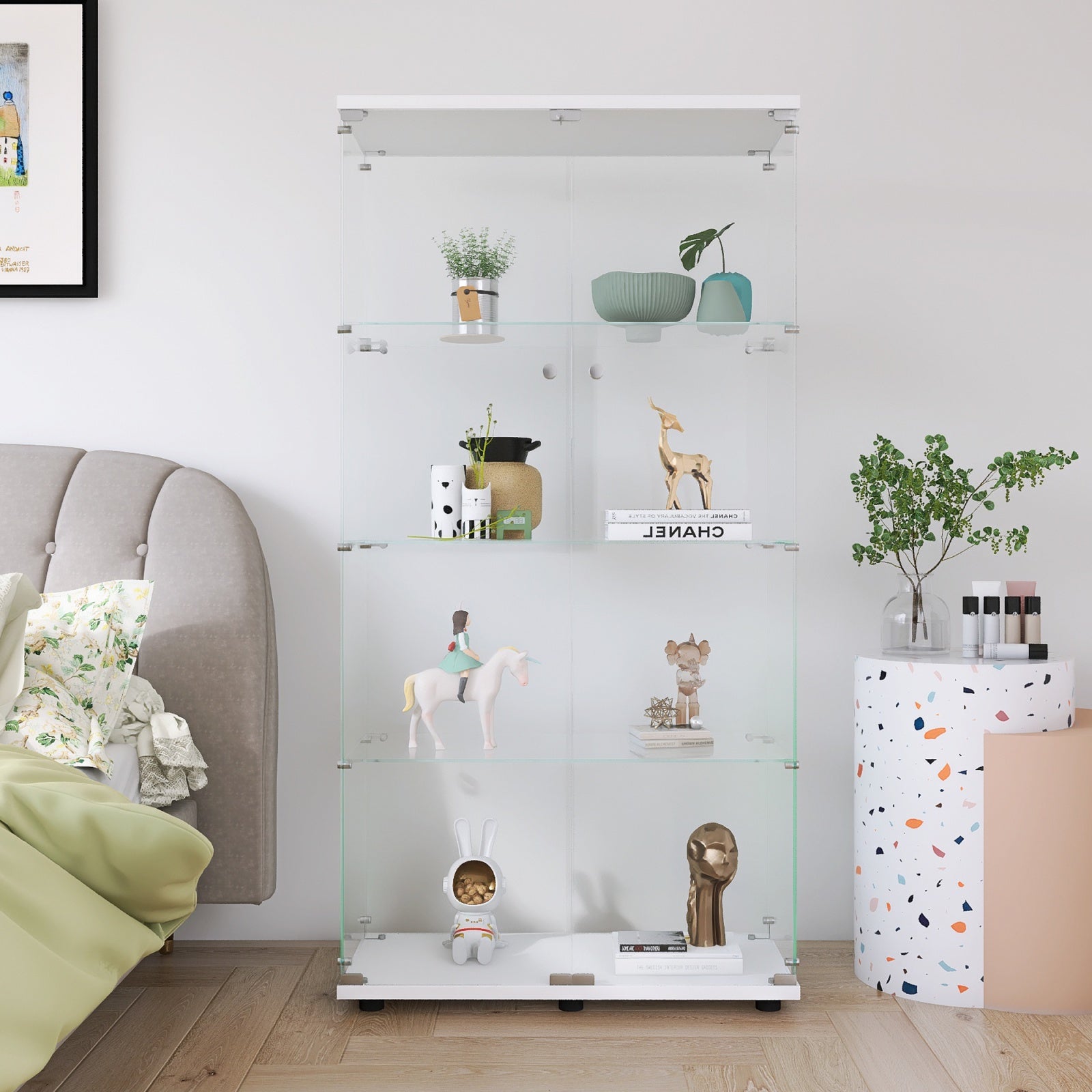 Vitrina de exposición de vidrio - Mueble de almacenamiento con 4 estantes y 2 puertas - 164,3 x 80,5 x 36,3 cm - Salón, despacho - Blanco - 2