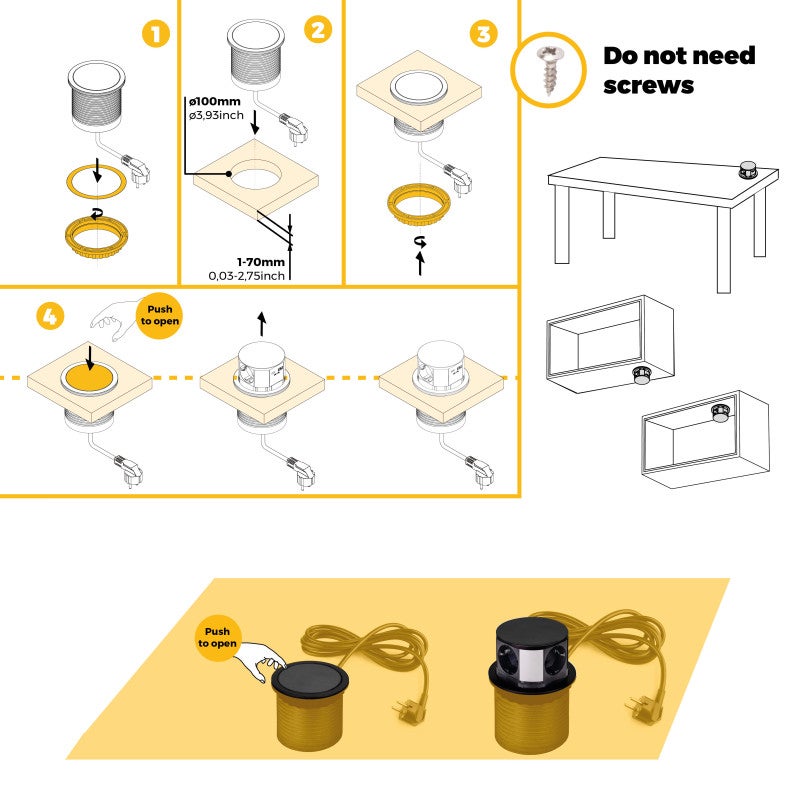 Emuca Multiconector Vertikal Push diâmetro 100mm, 3 fichas tipo Schuko, 1 USB tipo A, 1 USB tipo C, Aço e Plástico, Pintado preto - 8