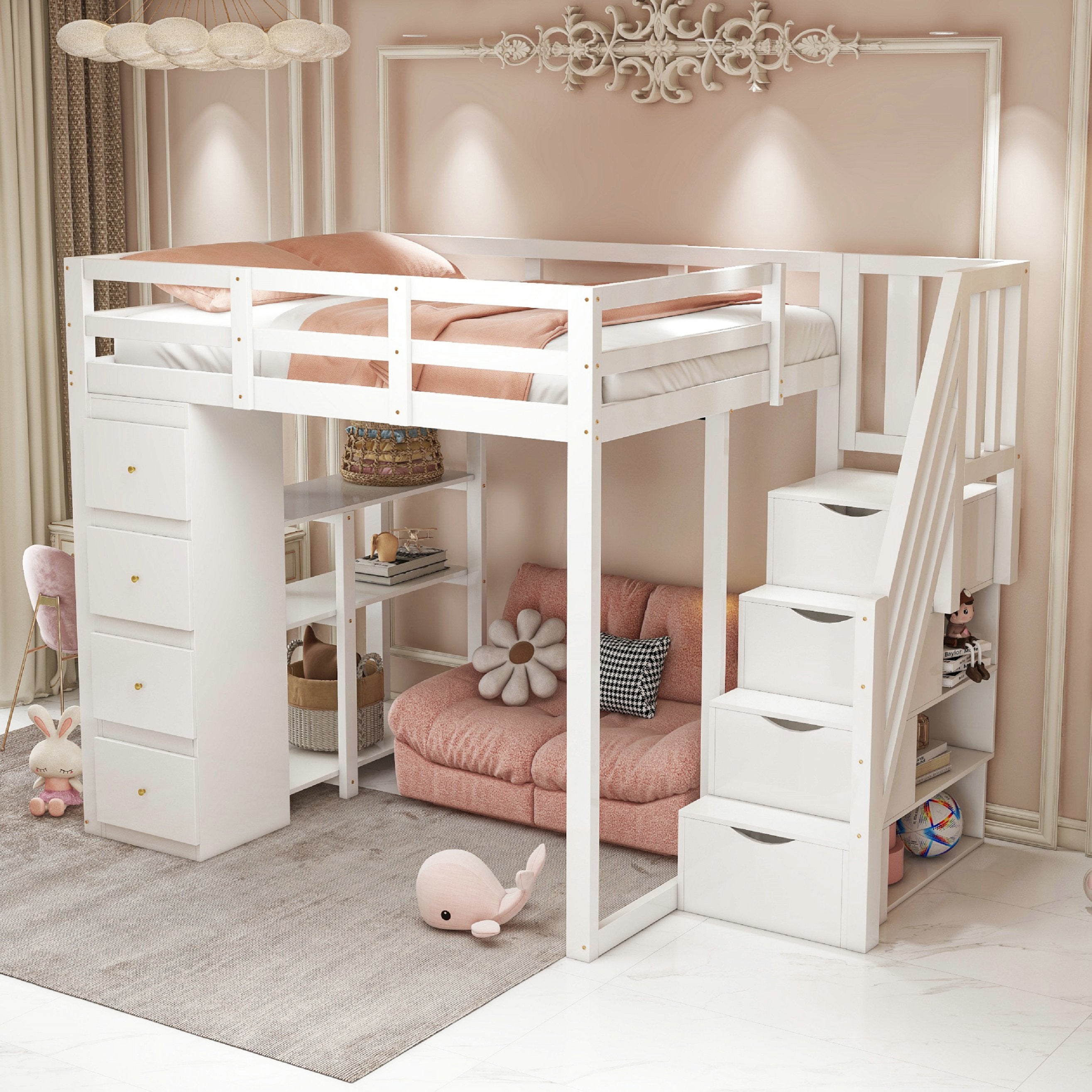 Lit Mezzanine 140x200 Cm Blanc Avec Rangement - Structure Métal, Escalier Sécurité Et Étages Intégrés - Gain De Place (Sans Matelas) - 2