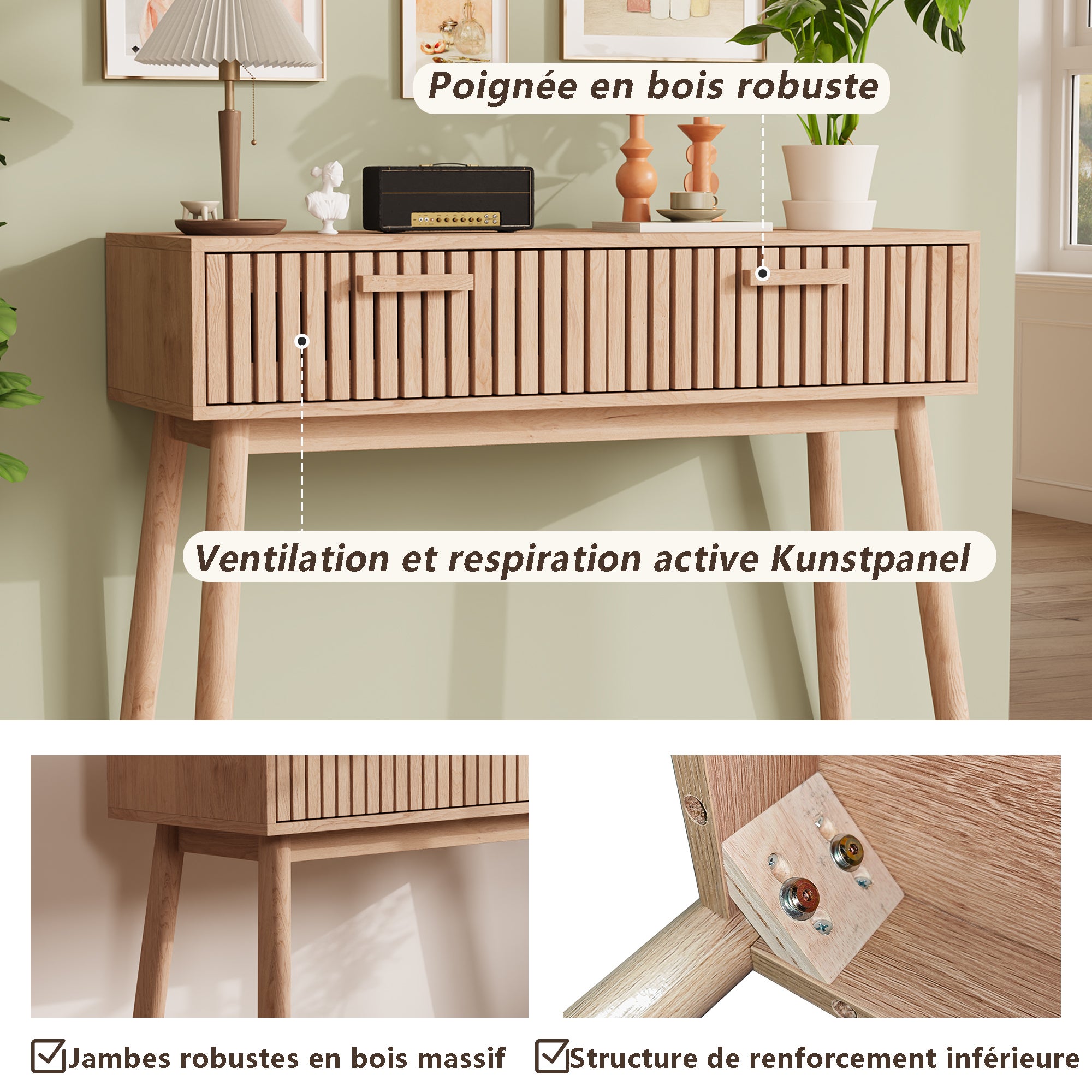Console en Bois avec 2 Tiroirs pour Salon ou Entrée, Style naturel, Table Console, Table d’Appoint, 100x35x80cm - 7