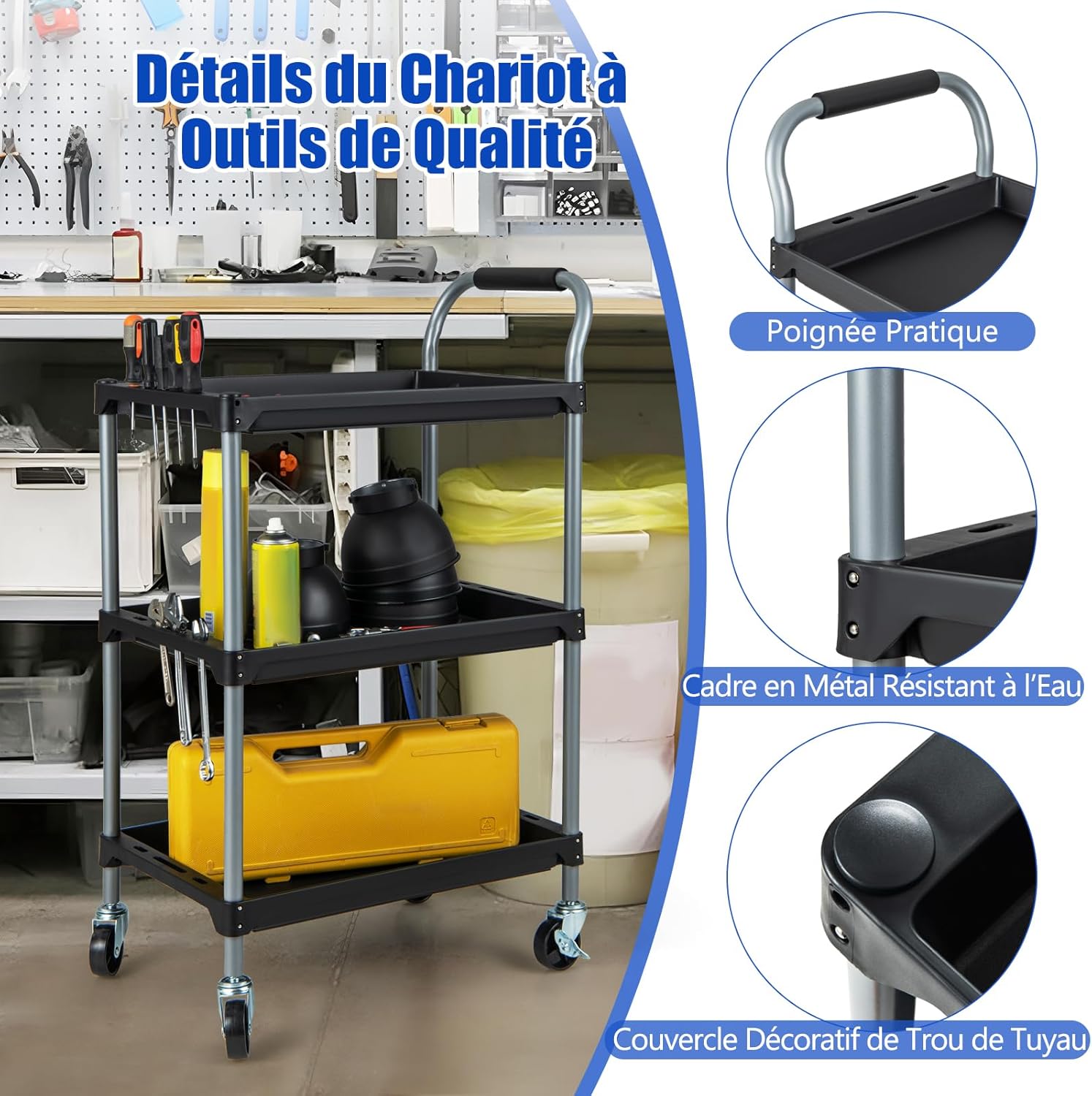 Chariot Porte-Outils 3 Étagères Avec Roues - Garage, Atelier | Capacité 45 Kg, 4 Roues Dont 2 Freins | Dimensions 64x40x102 Cm - 6
