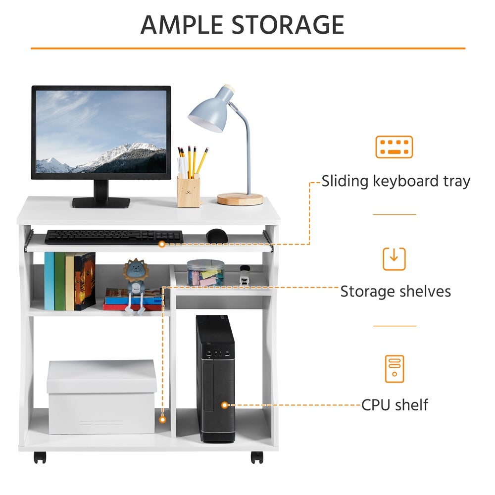 Bureau Informatique à Roulettes en Bois avec Plateau pour Clavier Étagères de Rangement, Blanc Yaheetech - 5