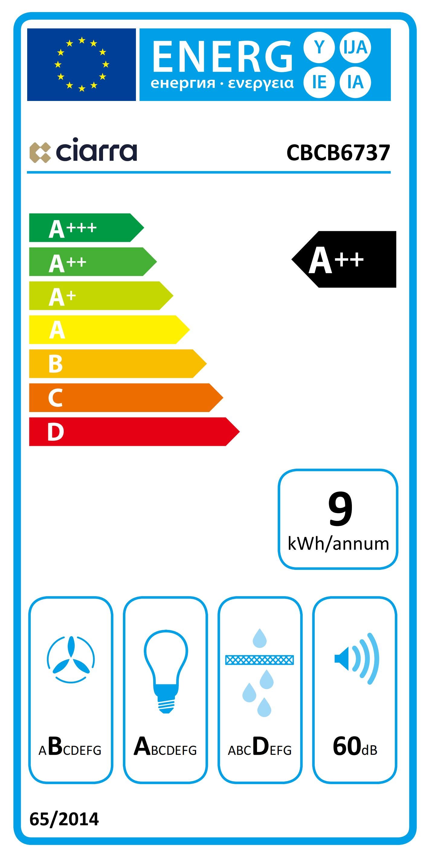 CIARRA Hotte Aspirante Inclinee 60 cm 370m³/h Classe A++ Filtre a Charbon Inclus Recyclage ou Evacuation Noir CD6737B - 10