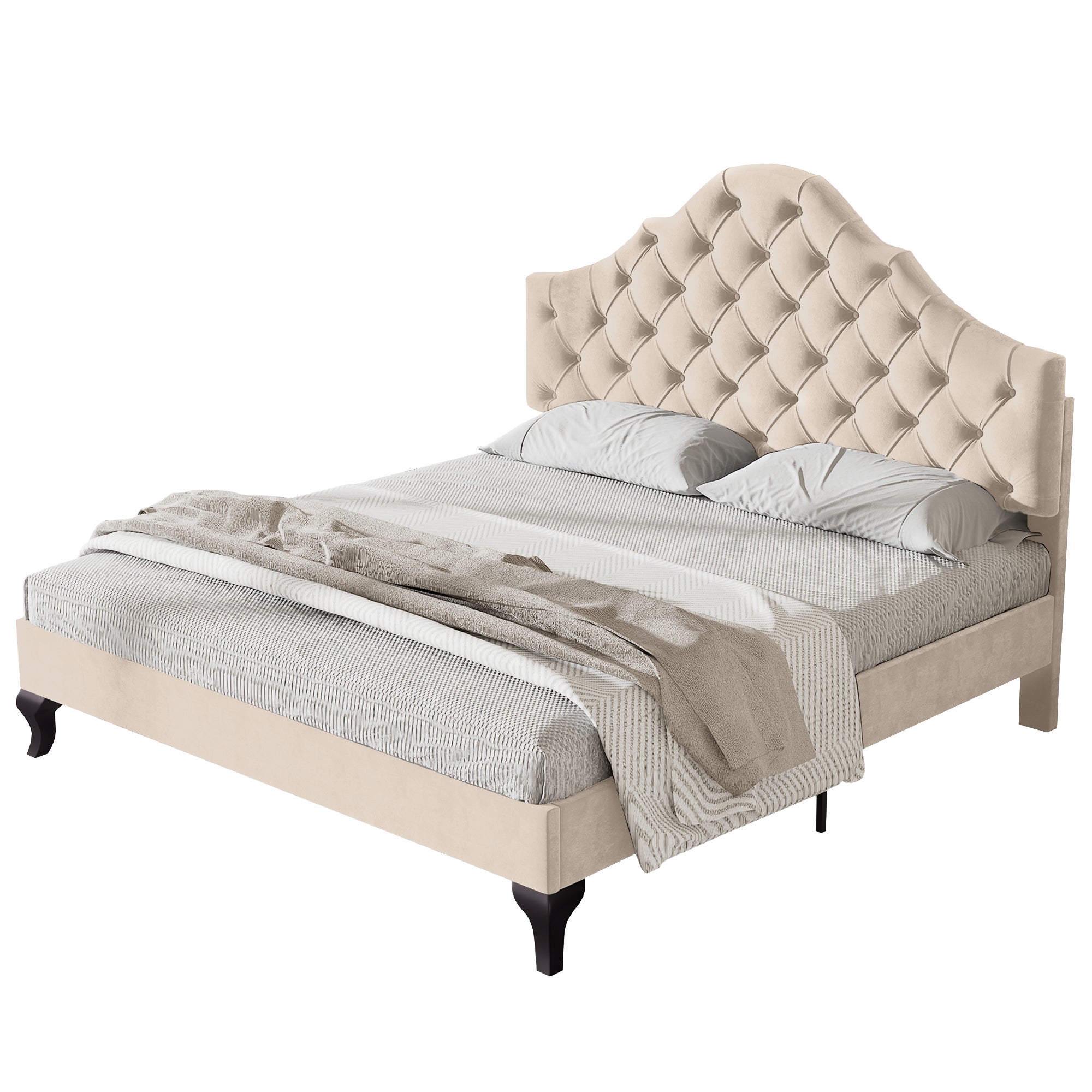 Cama tapizada 140x190cm en terciopelo con cabecero regulable + somier - Beige - 7