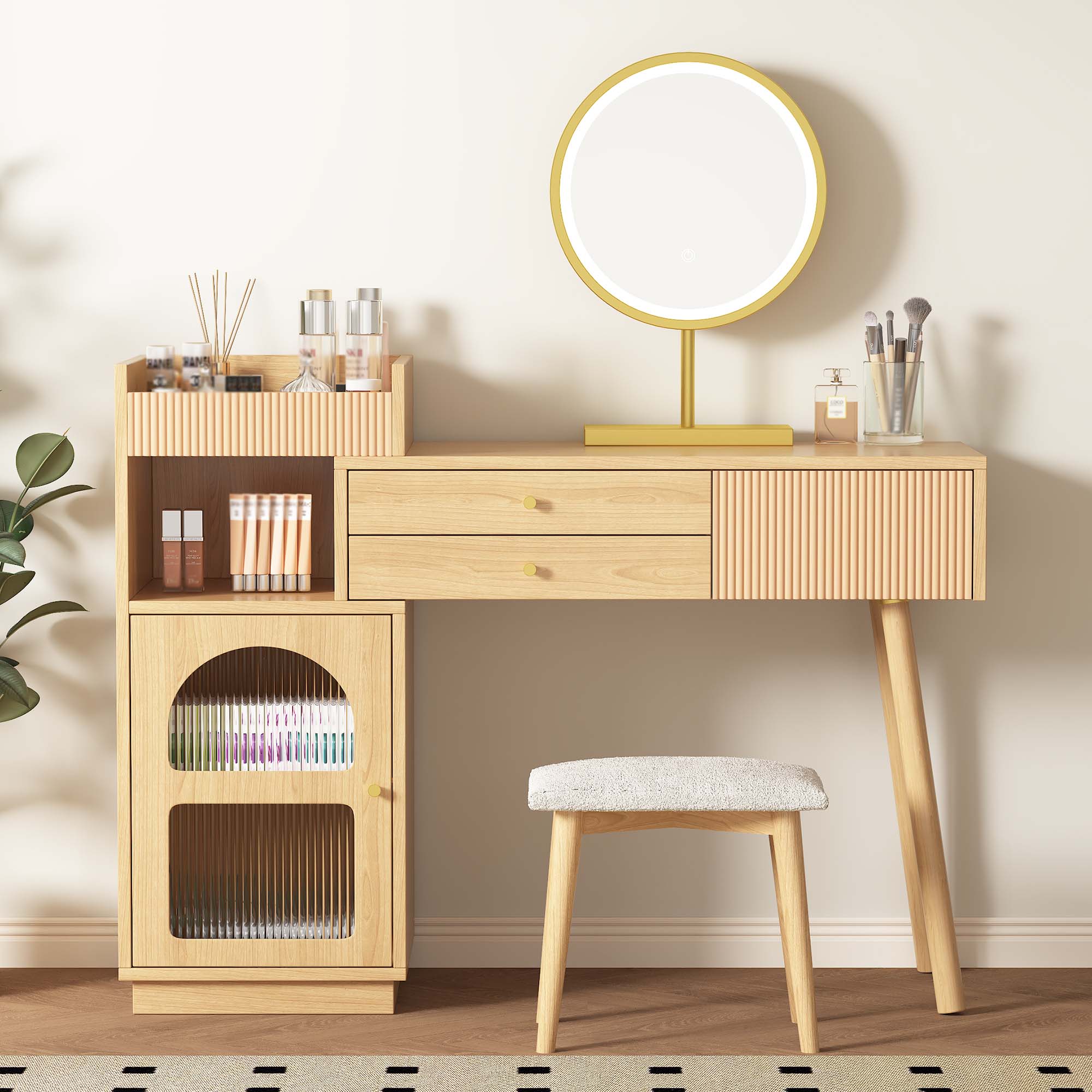 Tavolino da toeletta con 2 cassetti e specchio LED verde scuro e oro