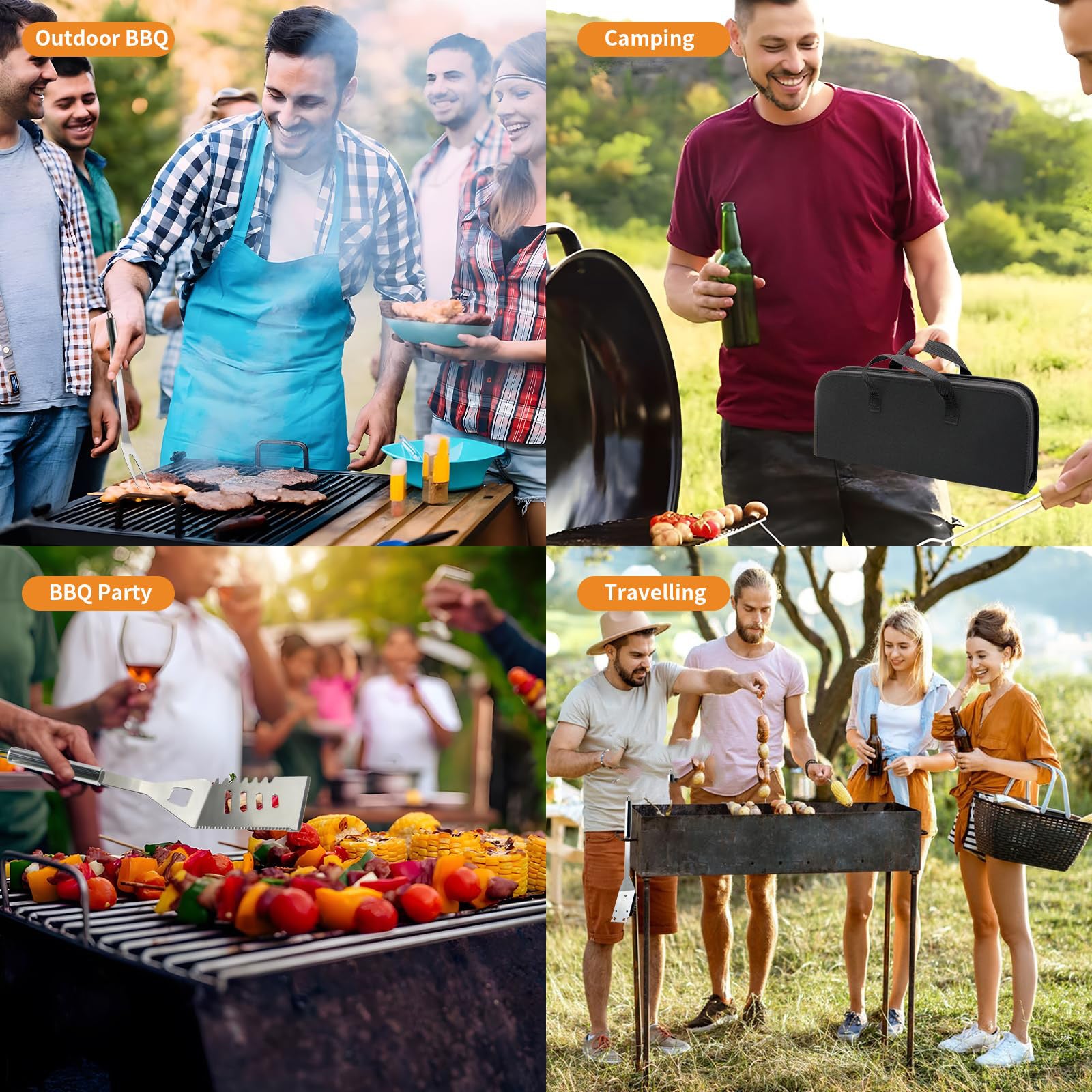 Ensemble d'ustensiles de barbecue 5 en 1, 5 pièces en acier inoxydable avec thermomètre pour camping, barbecue, pique-nique - 6