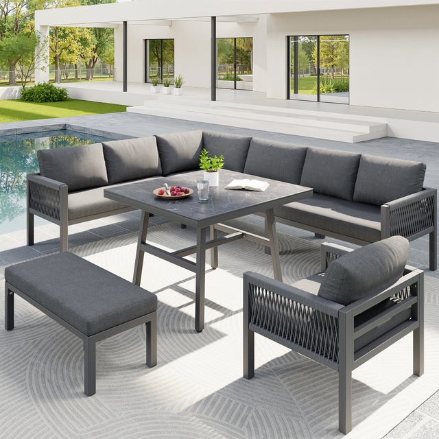 Conjunto Jardín Exterior de Trenzado a mano 9 Plazas Set Jardín en Forma de L con Sofá de Esquina+1 Mesa de Cristal Marmolado+1 Sillón+ 1 Banco - Gris