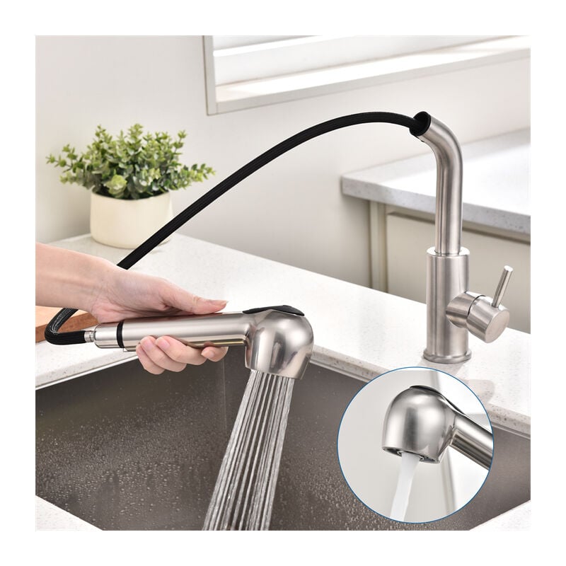 Bateria kuchenna z wyciąganą wylewką, mieszacz kuchenny z 2 trybami strumienia, bateria zlewozmywakowa ze szczotkowanej stali nierdzewnej