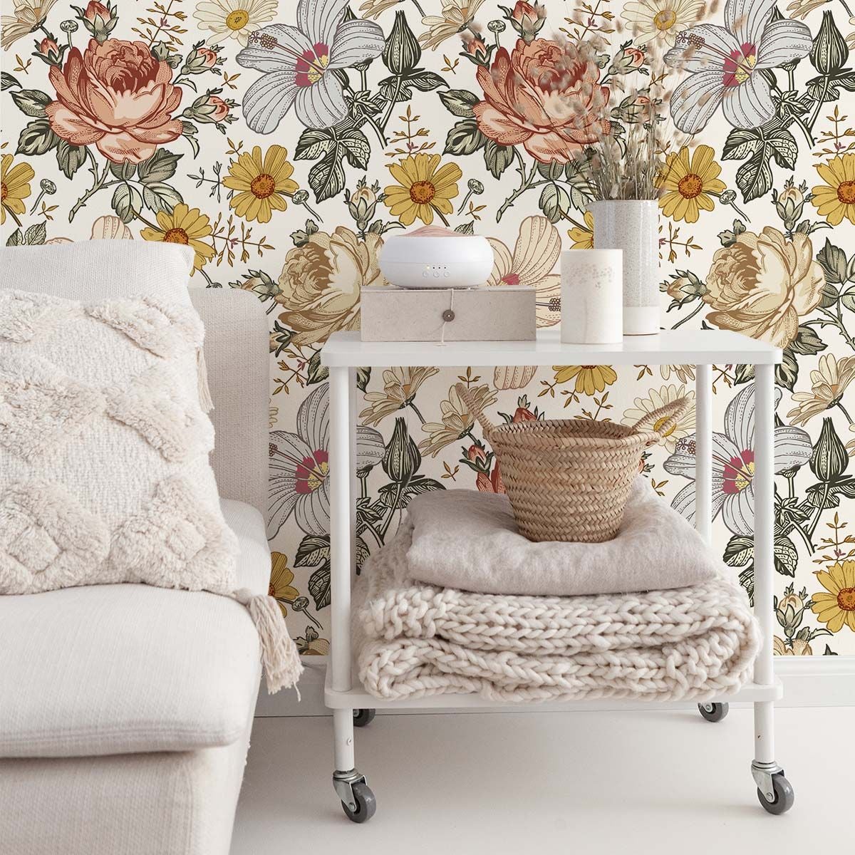 Papel pintado flores vintage rosa y mostaza lavable y removible - 1 rollo 50x300 cm - decochic