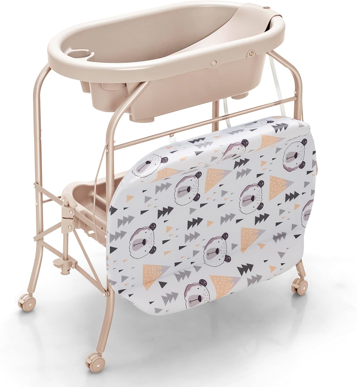 Składana Wanienka dla Niemowląt 4w1 z Koszem i Blokowanymi Kółkami, Nośność 35 kg, dla Dzieci 0–12 Miesięcy, Beżowa