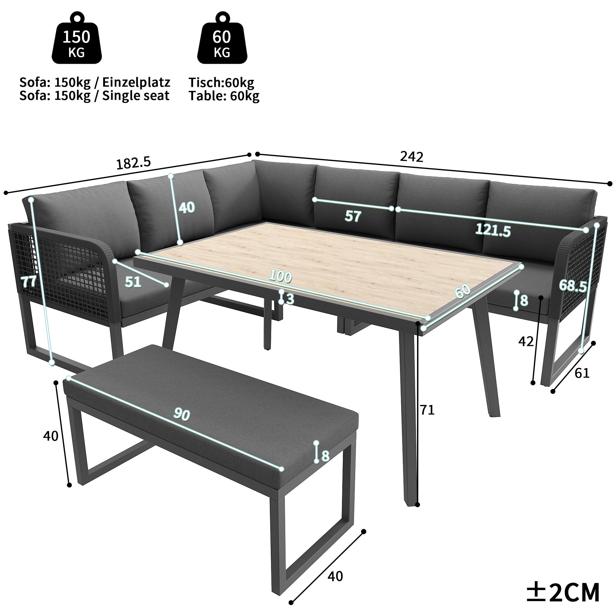 Set di mobili da giardino, set di mobili in rattan PE per 6-8 persone - divano angolare - in ferro zincato - piano del tavolo effetto legno, grigio - 9