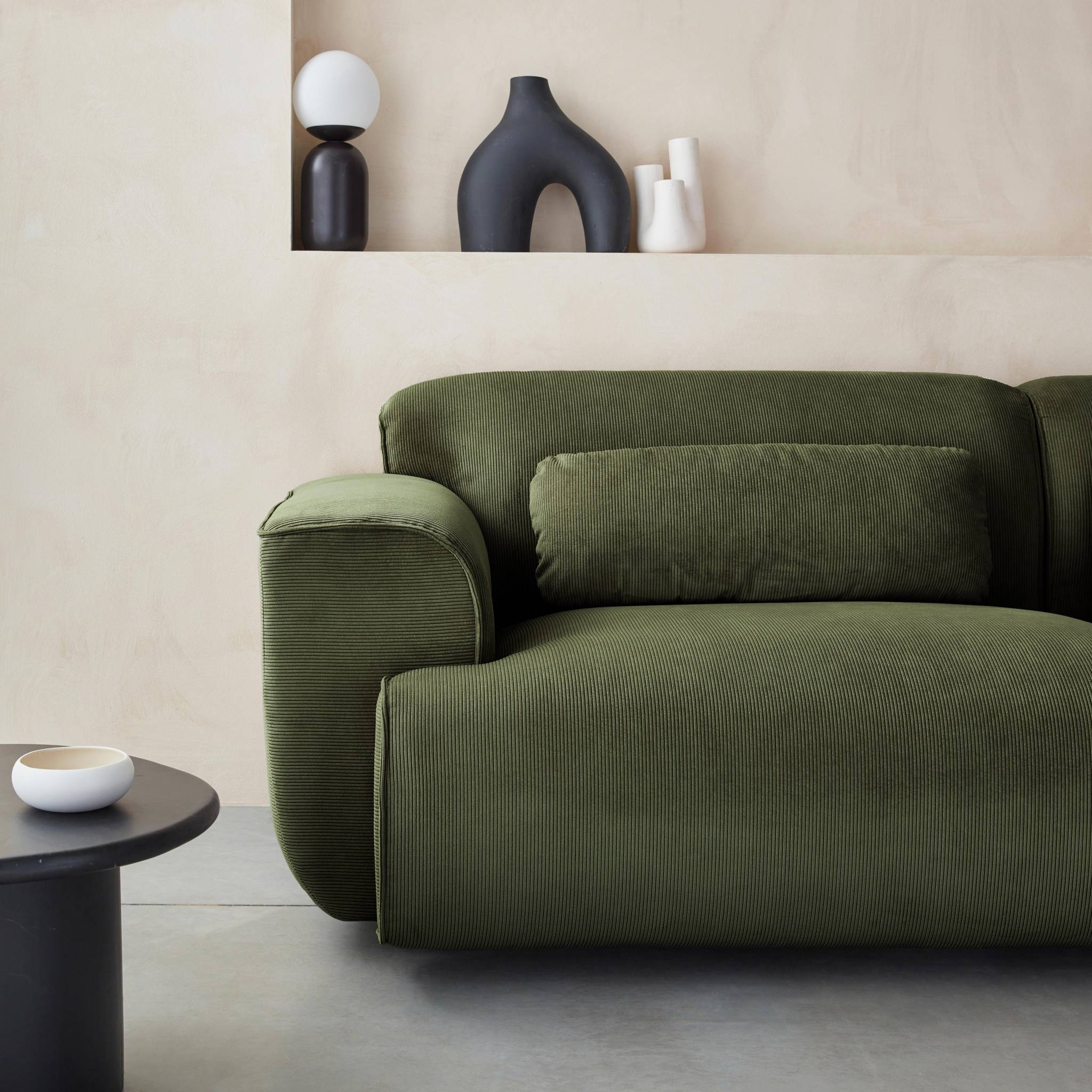 Canapé 3 places. tissu velours côtelé vert. 2 coussins déhoussables. Wallas L 230 x P 98 x H 73cm WALLAS - 4