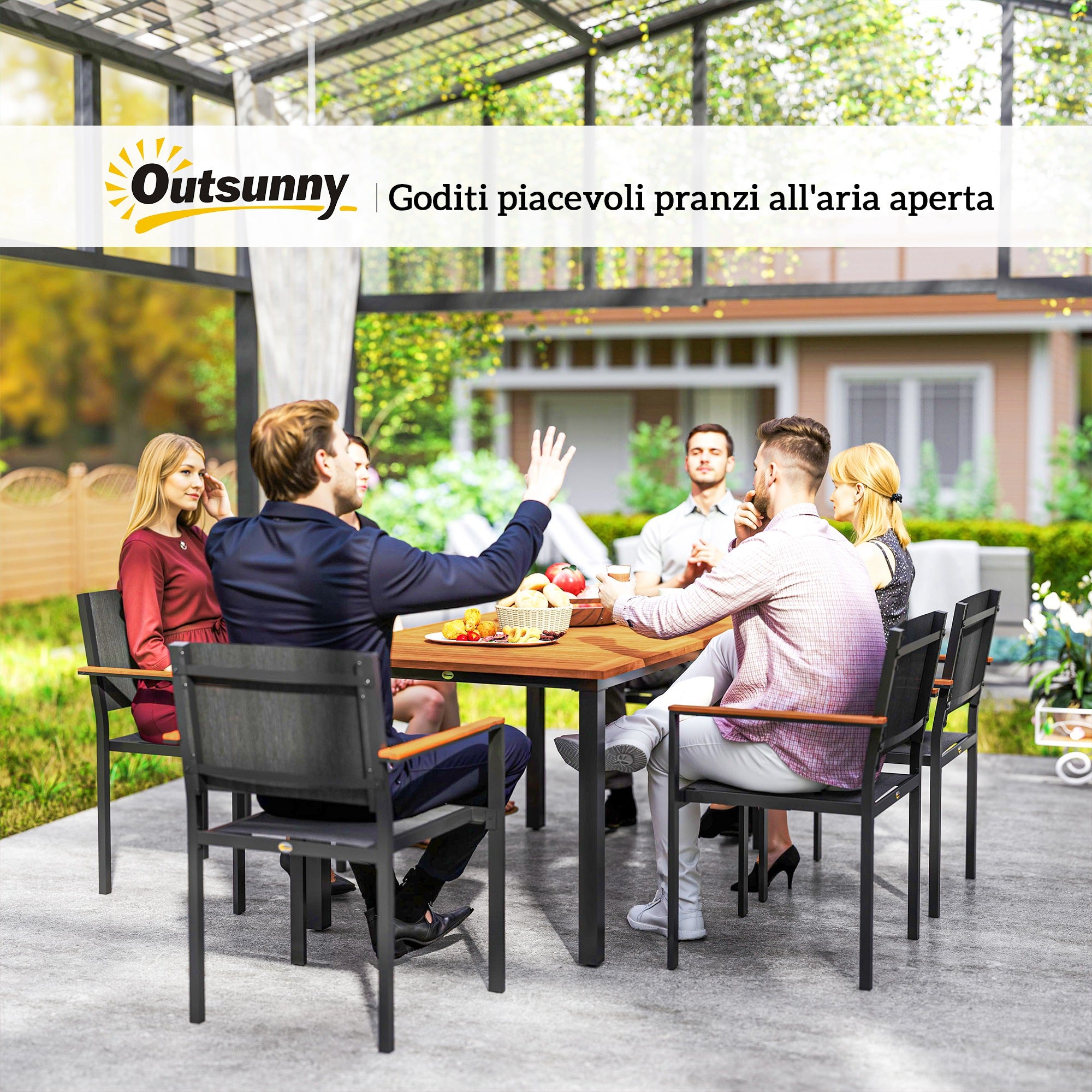 Outsunny Set da Giardino 7 Pezzi con Tavolo da Pranzo e 6 Sedie Impilabili con Braccioli, Teak - 9