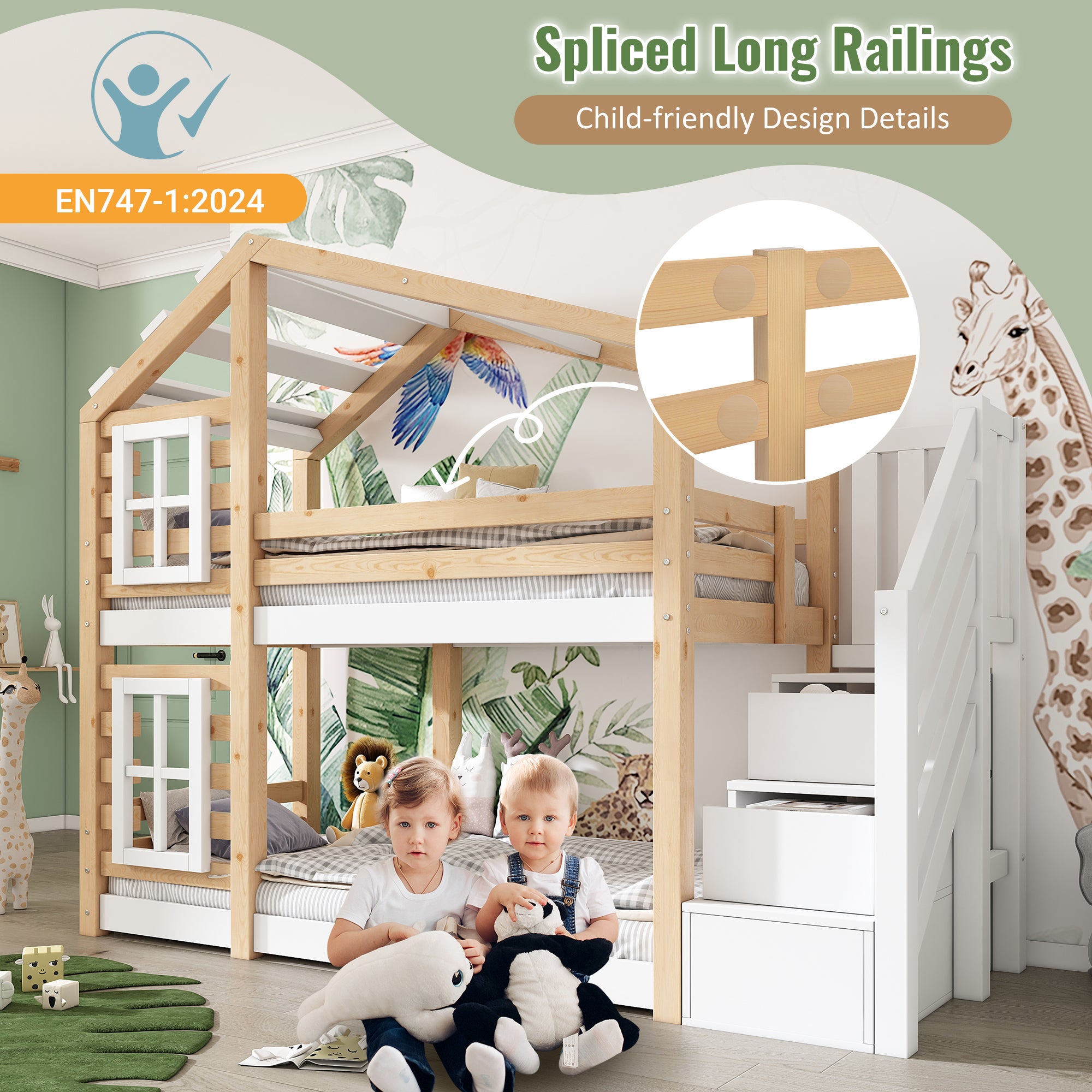 Lit superposé enfant 90x200 cm design maison dans les arbres - EN 747- lit mezzanine en bois en rangements escalier et barrières sécurité, naturel - 3