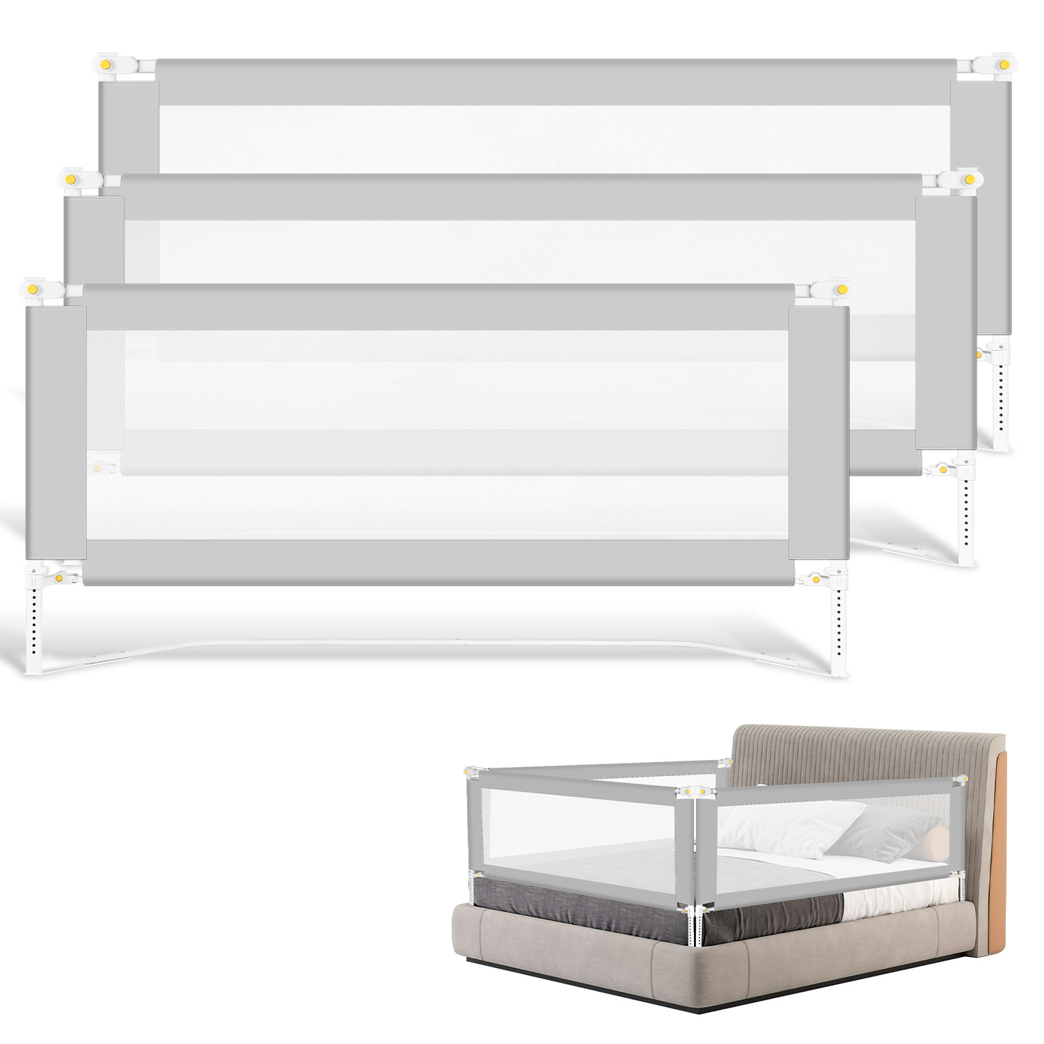 Barrera de cama para niños, barrera de seguridad para cunas con bloqueo anticaída, barrera ajustable en altura, rieles ajustables - 180+200+200 cm
