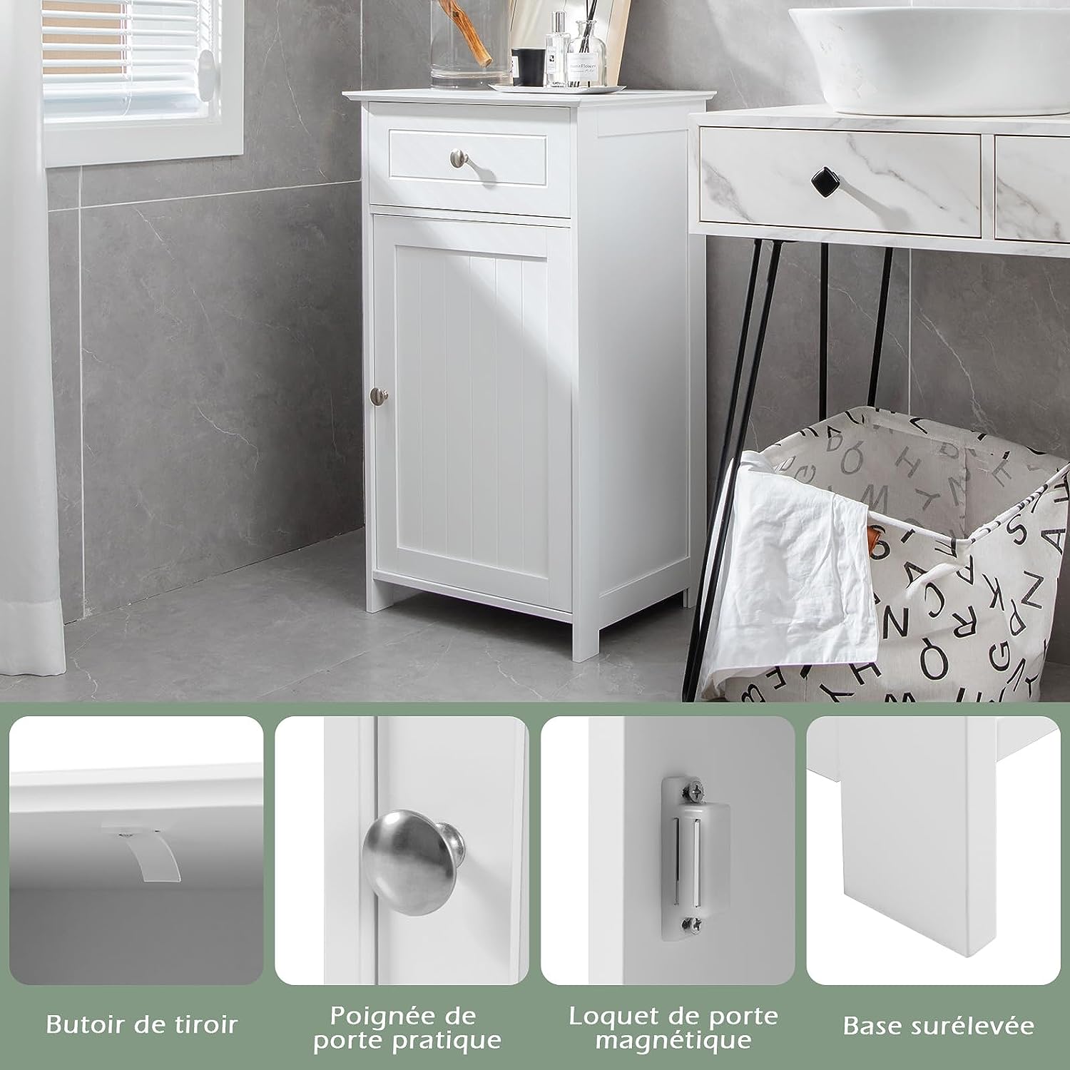 Mobile da Pavimento per Bagno, Armadio da Bagno con Ripiano Regolabile in 3 Posizioni Cassetto, Mobile Multifunzionale per Bagno Soggiorno e L - 3