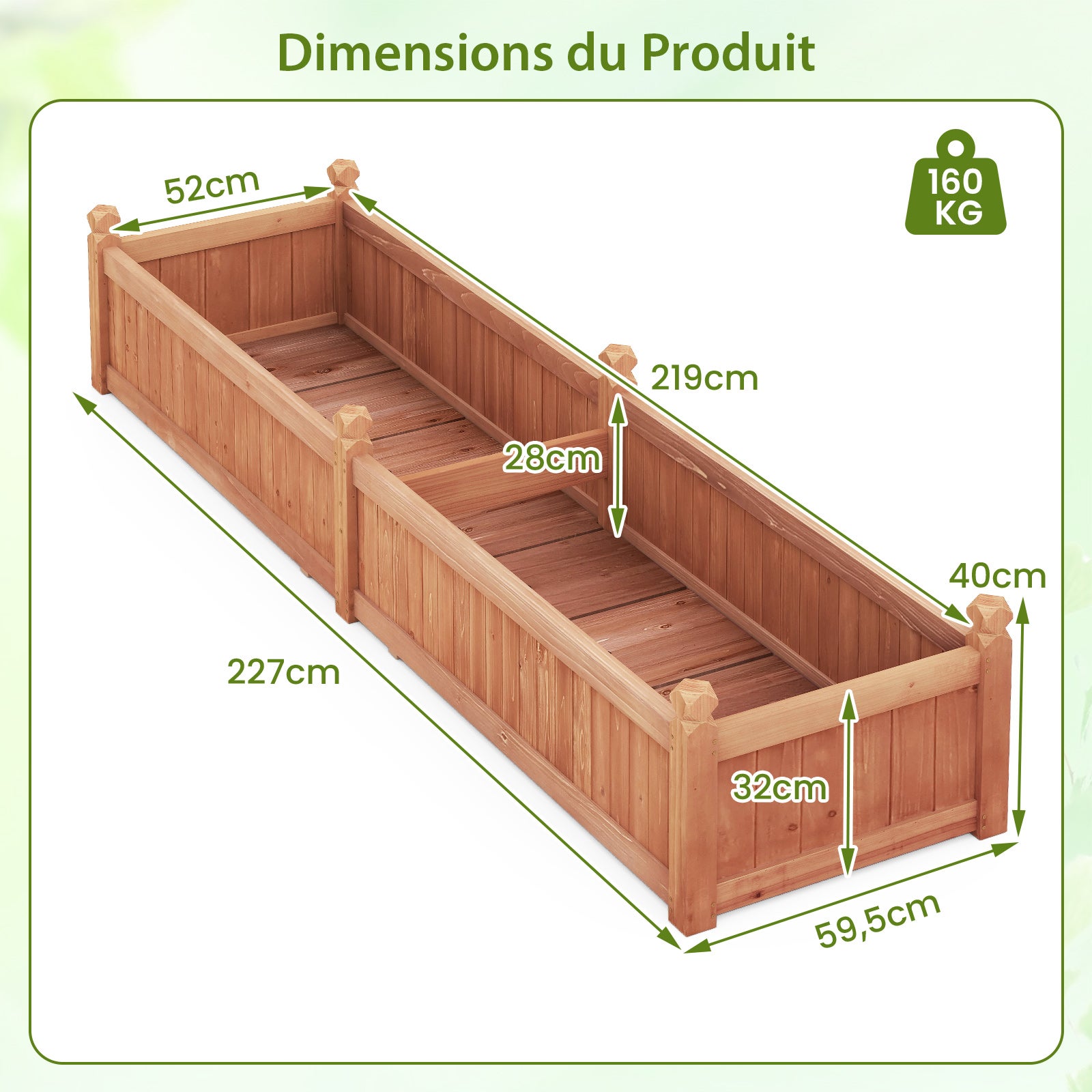Jardinière Rectangulaire 227 x 59,5 x 40 cm avec Séparateur, Système de Drainage, Doublure, pour Cultiver des Légumes, Fleurs, Marron - 3