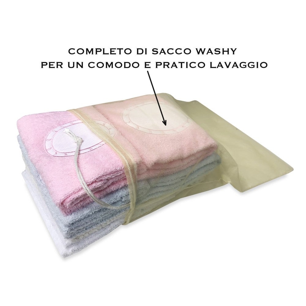 SET ASCIUGAMANI SPUGNA TELA AIDA da ricamare PUNTO CROCE 1+1 con OBLÒ VISO E OSPITE complete di SACCO WASHY Rosa - 3
