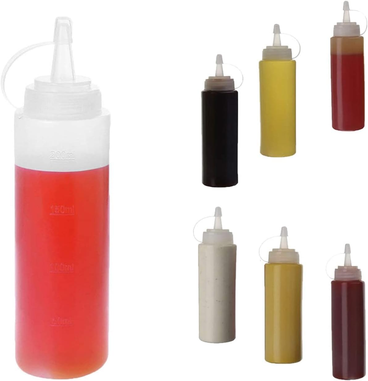 Zestaw 6 butelek na sos, plastikowe butelki na musztardę, majonez, oliwę z oliwek, sos BBQ, bez BPA
