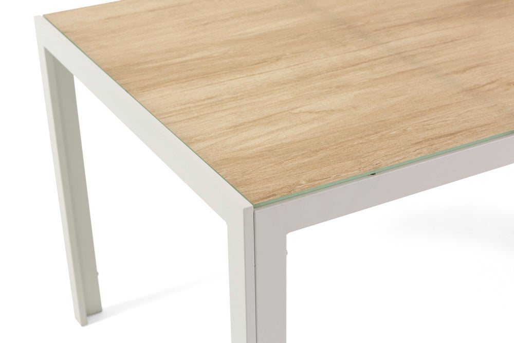 Mesa rectangular fija de 150x90 cm con estructura de aluminio y tapa de vidrio decorado Milo para interior/exterior madera/blanco - 6
