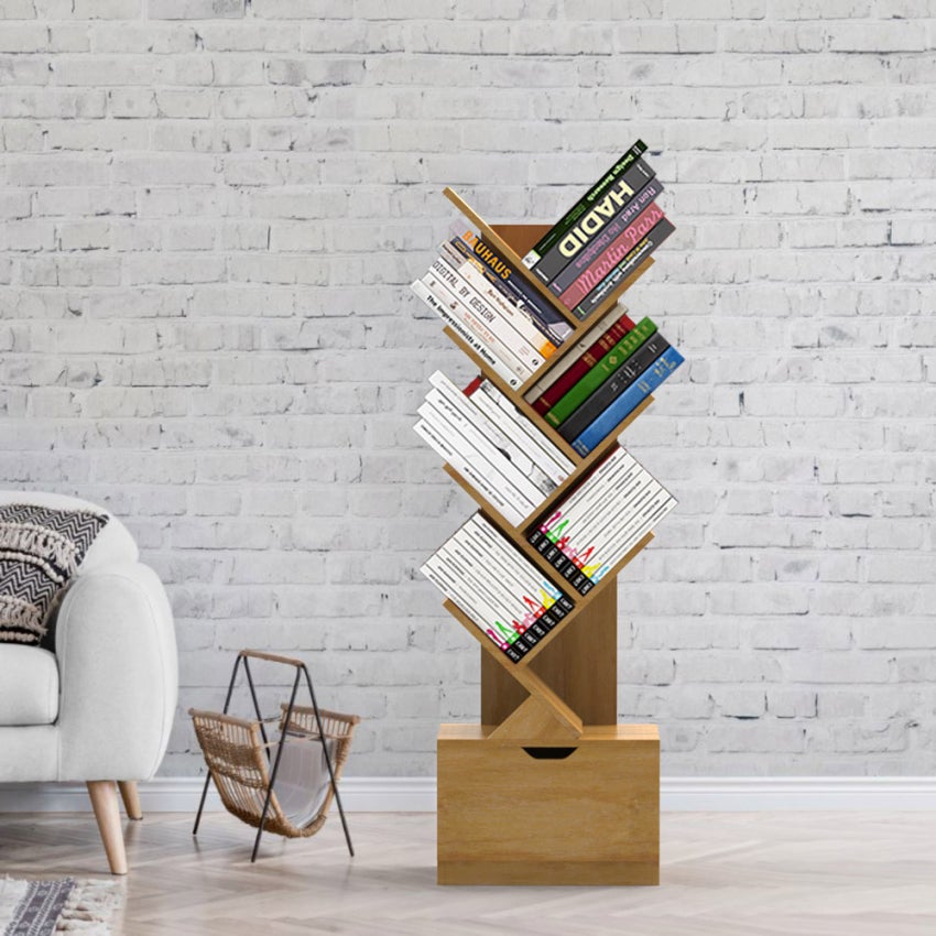 Libreria design moderno 8 scaffali cassetto soggiorno ufficio Treebook 120 - Legno Naturale - 2