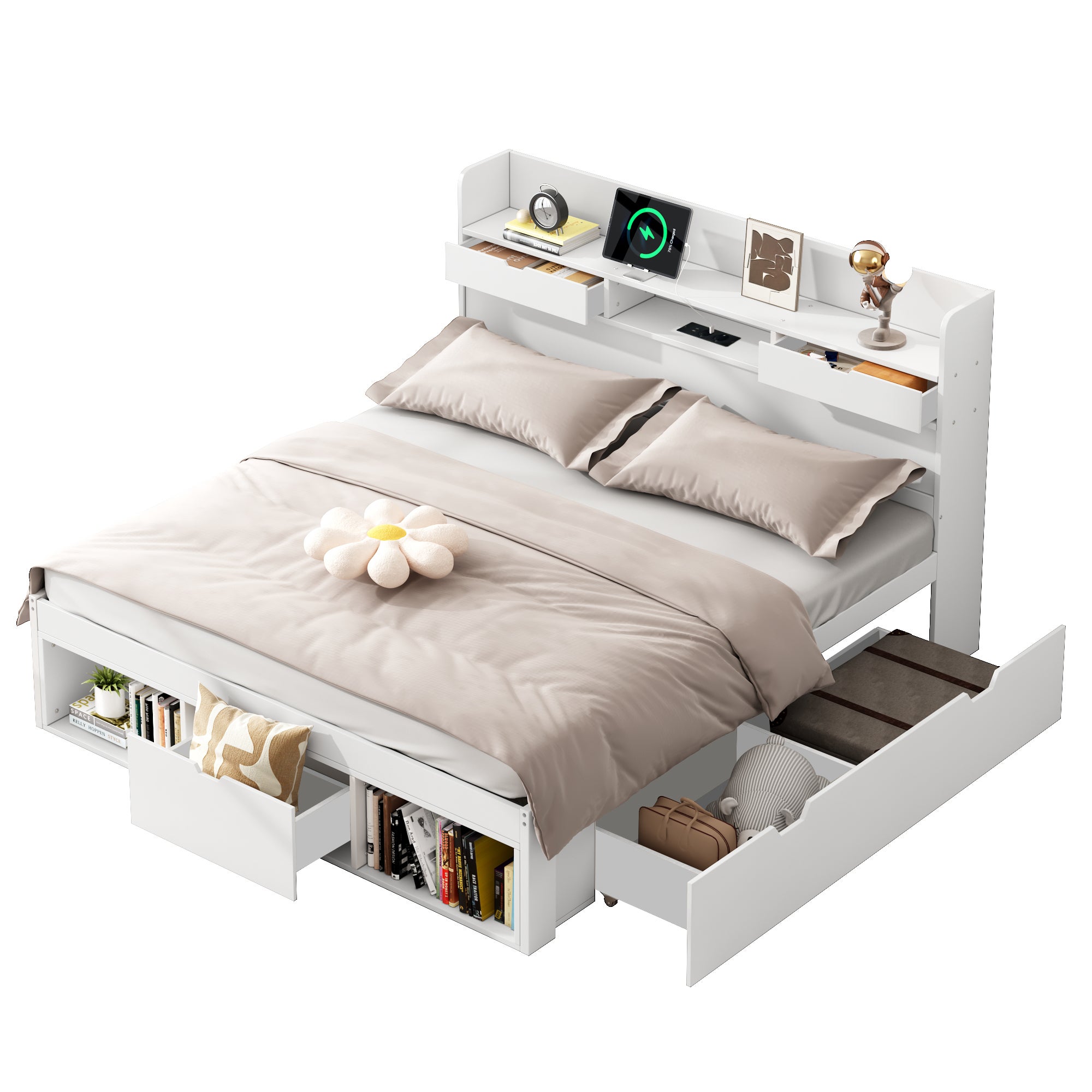 Lit double 160x200 cm avec rangements intégrés, tête de lit avec ports USB et tiroirs, structure en pin blanc, sans matelas - 9