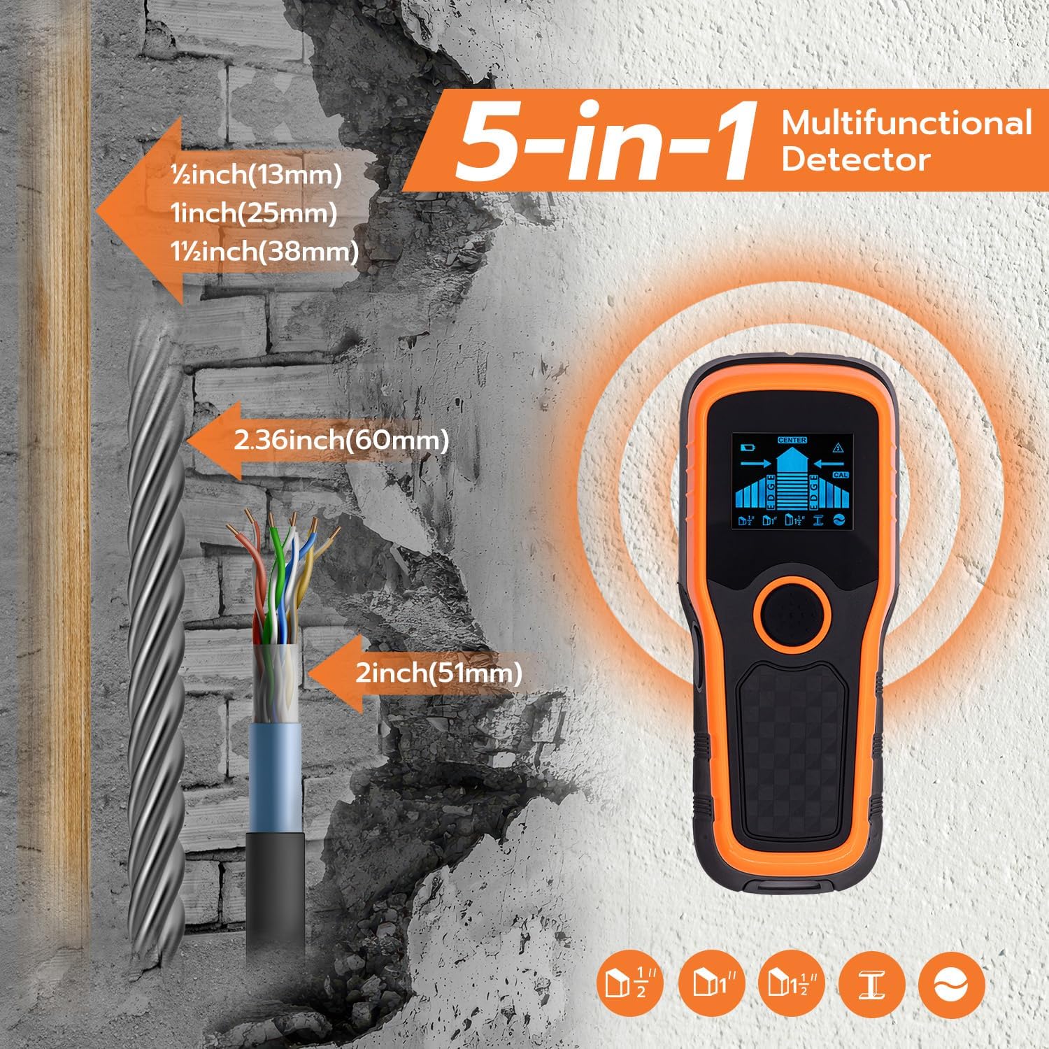 QLUUE Rilevatore di Bulloni Multifunzione 5 in 1 con Display LCD e Allarme Acustico per Trovare Linee Elettriche, Travi in Legno, Tubi Metallici, Ecc (SF-01